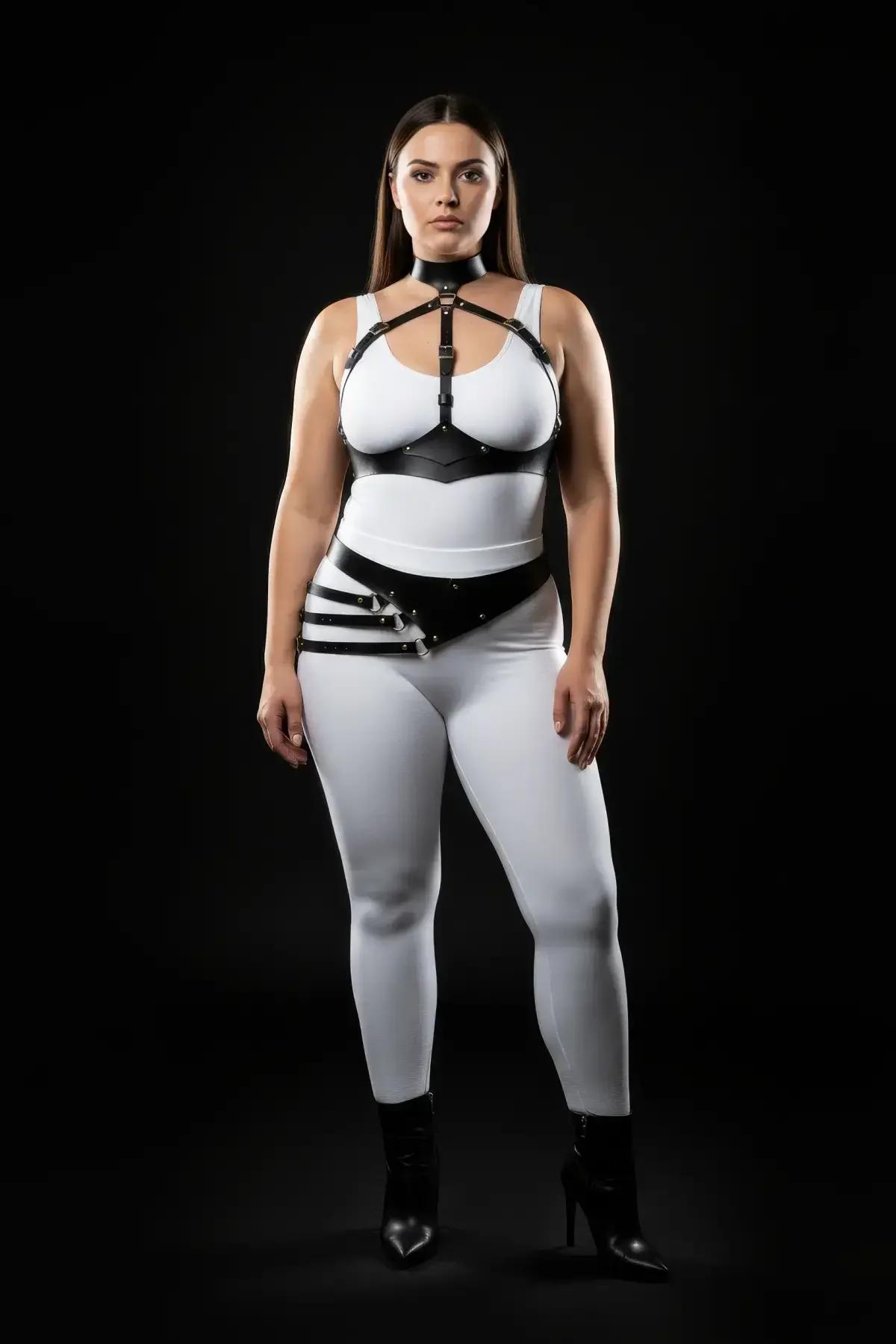 diagonal hip belt harness with four parallel straps and silver O-ring eyelets close-up