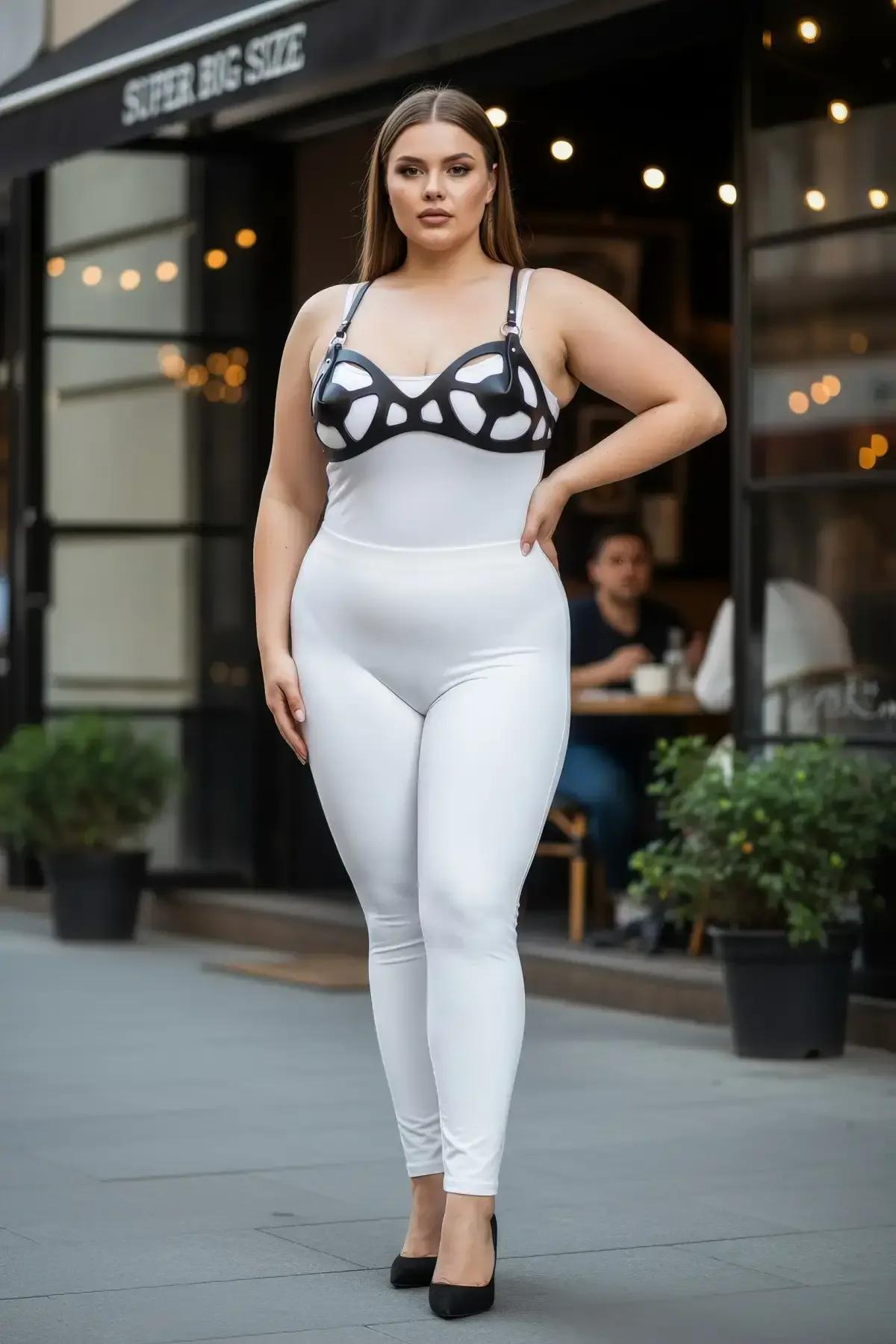 Plus-size model wearing black cage bra harness over white bodysuit with high-waisted white leggings, full-length editorial vi