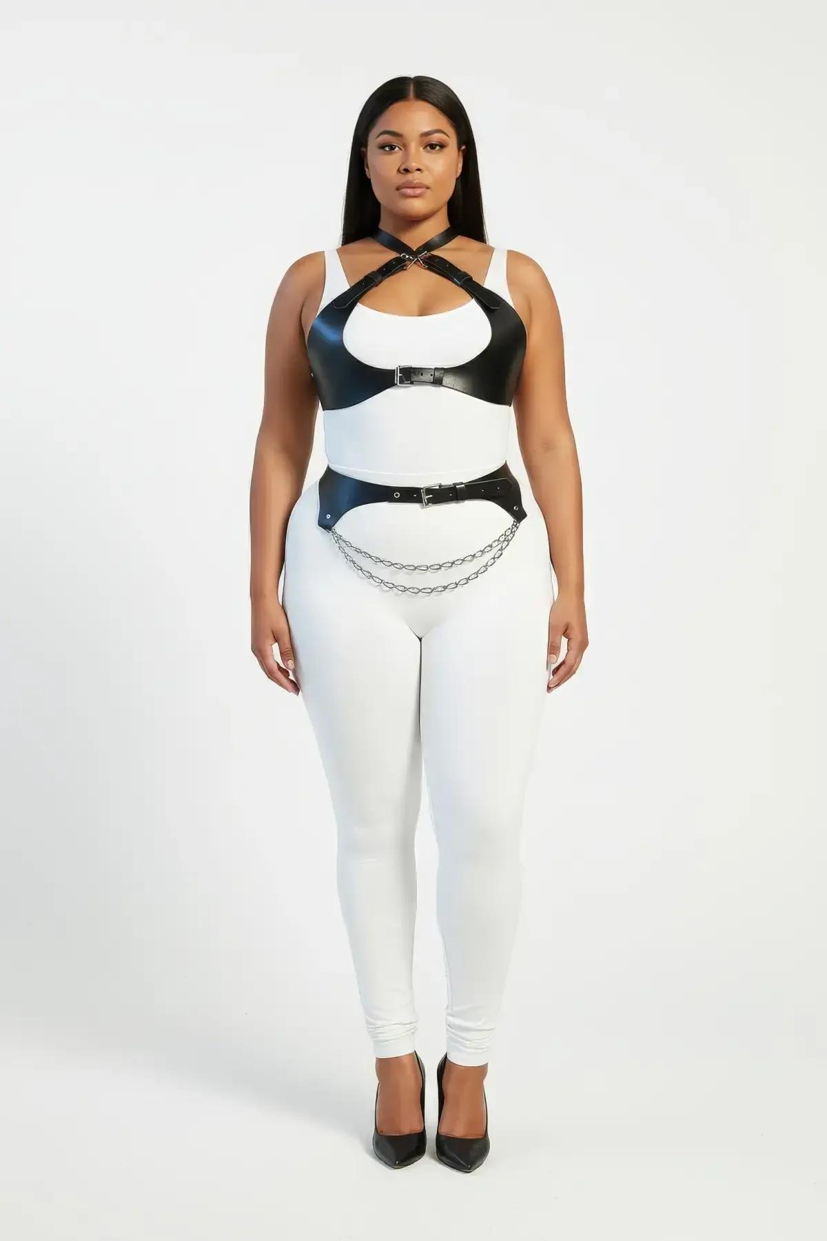 adjustable black faux leather chest harness with front buckle and crossover collarbone straps