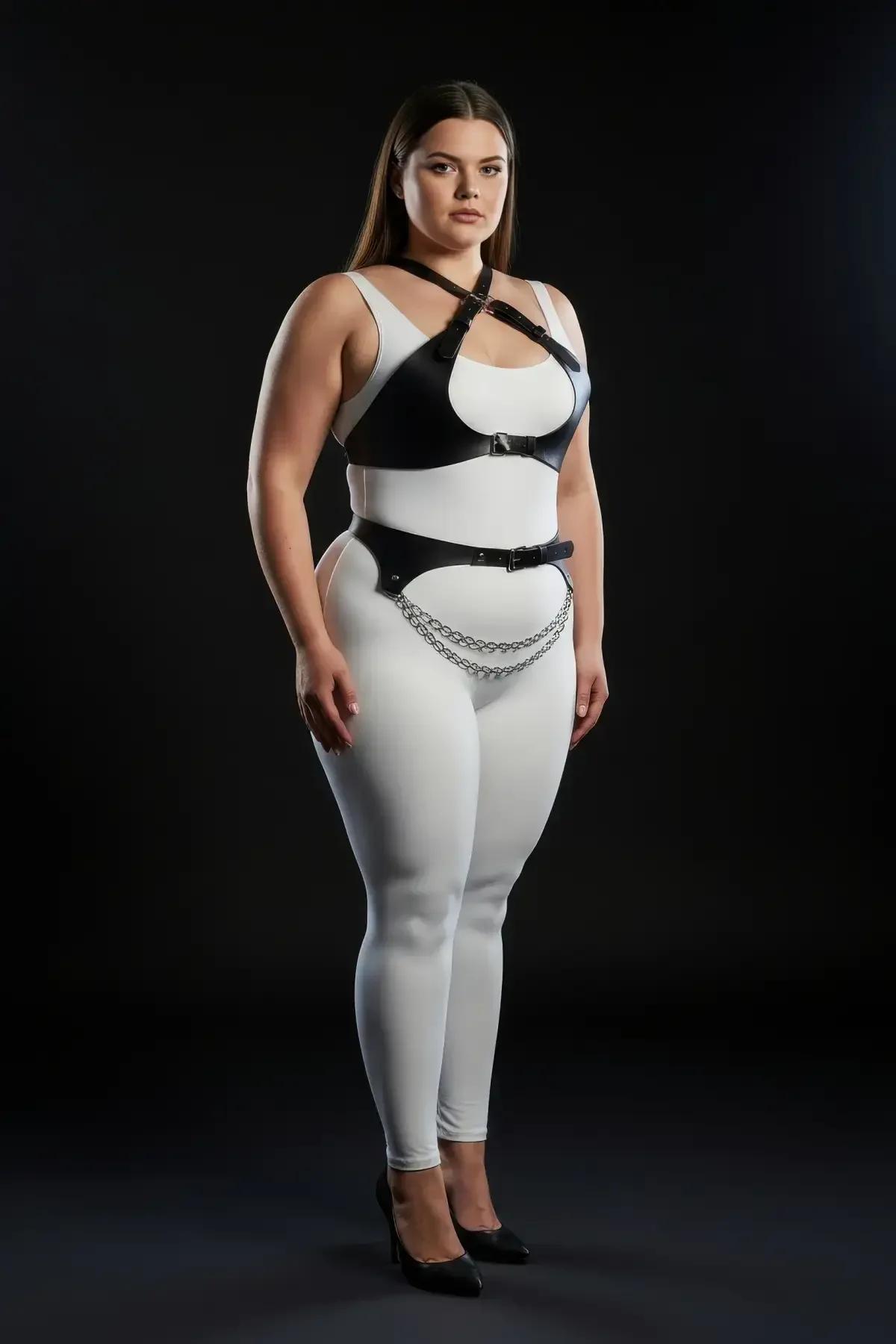 silver chain waist belt in black faux leather with studded edge detail front view