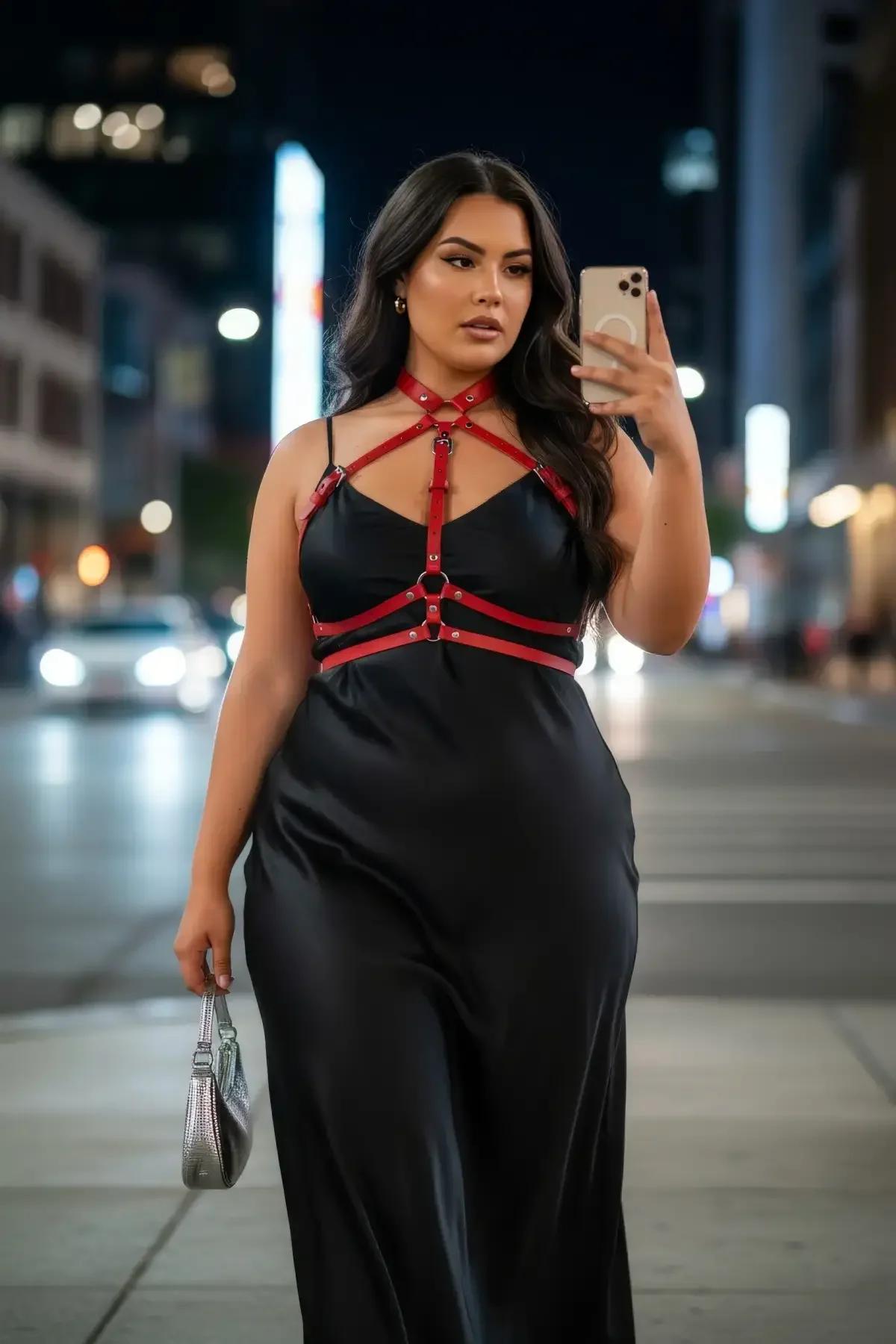 Red strappy cage harness underbust band and silver buckle hardware flat lay