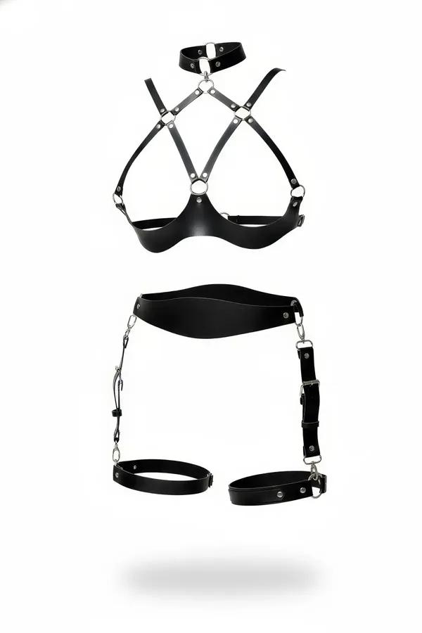 Siyah vegan deri harness takım choker sütyen harnessı ve gümüş halkalı bacak askılı bel harnessı