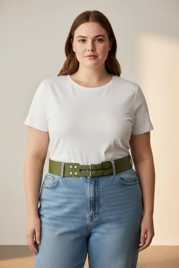 wide olive green faux leather waist belt harness with silver double buckle worn over white tank top