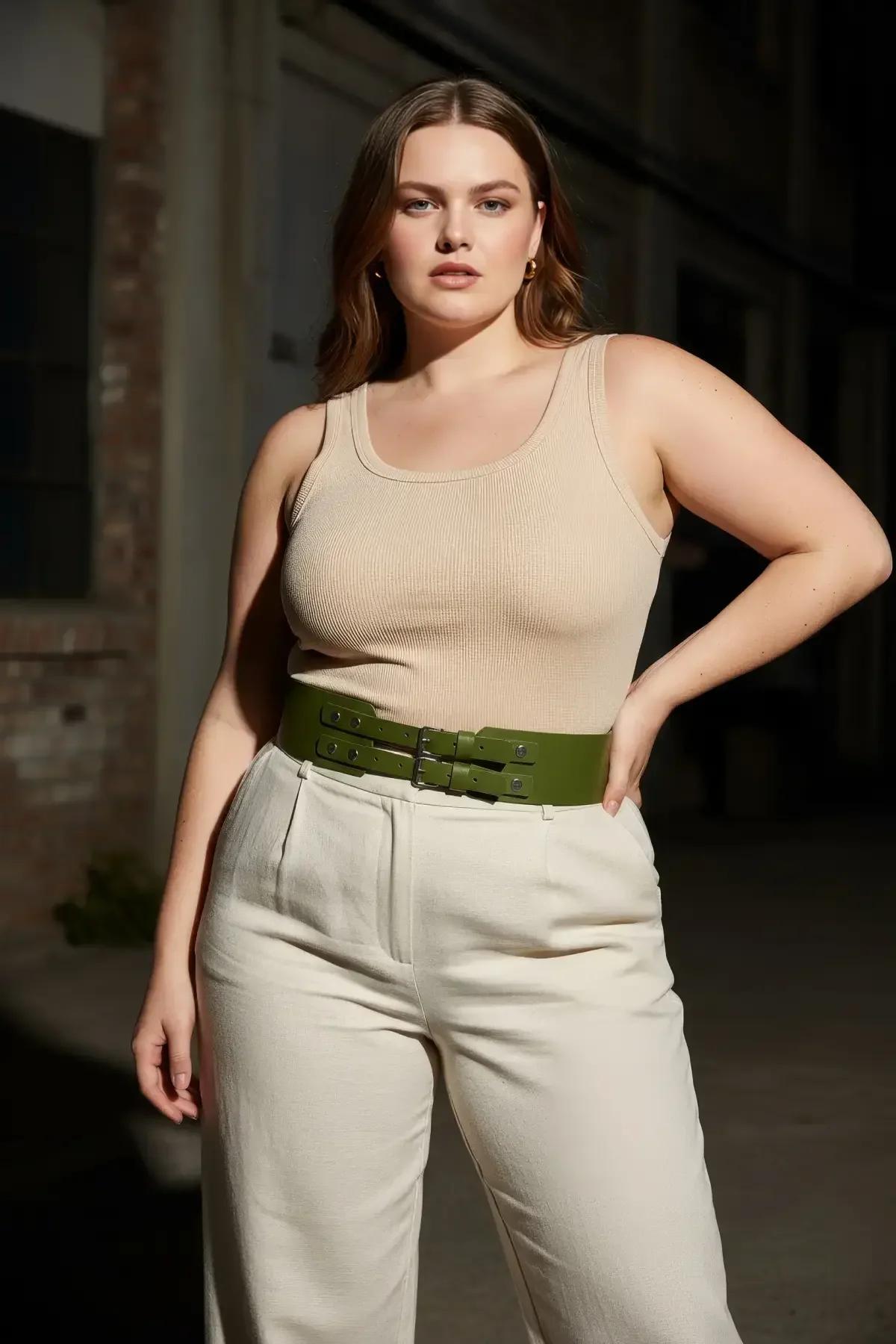 olive green waist belt harness styled over beige linen trousers street style look