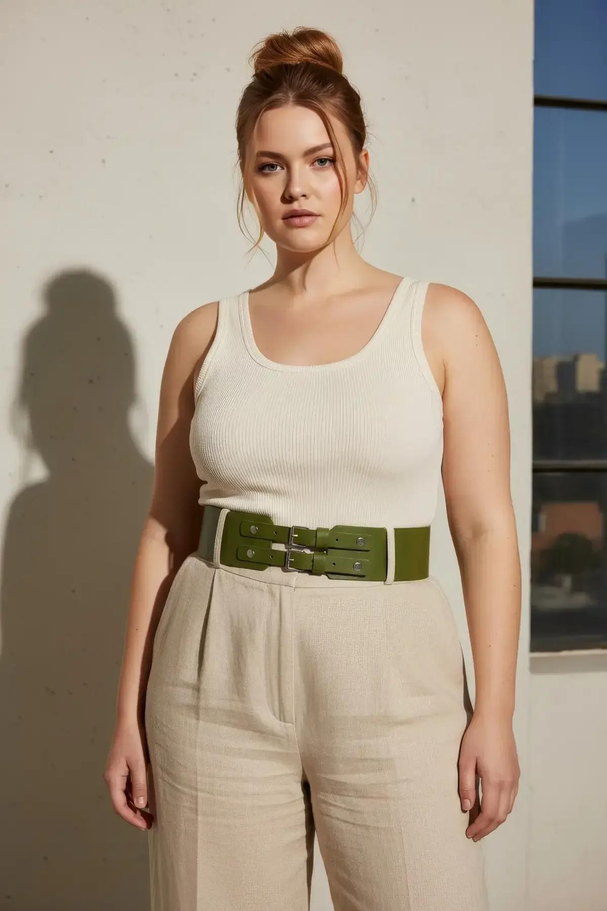 plus size wide faux leather waist belt olive green double buckle silhouette view