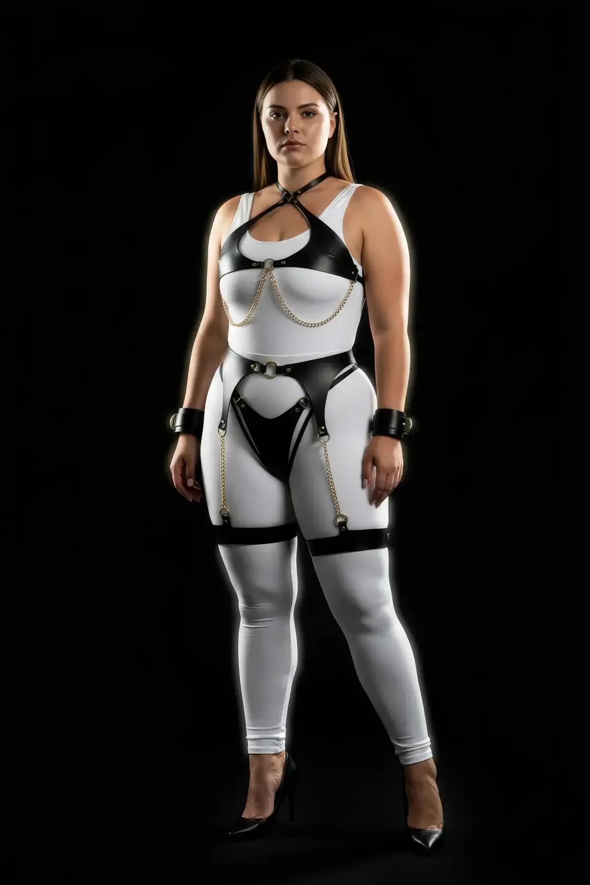 black waist belt with gold chain garters connecting to thigh bands, plus size harness set detail