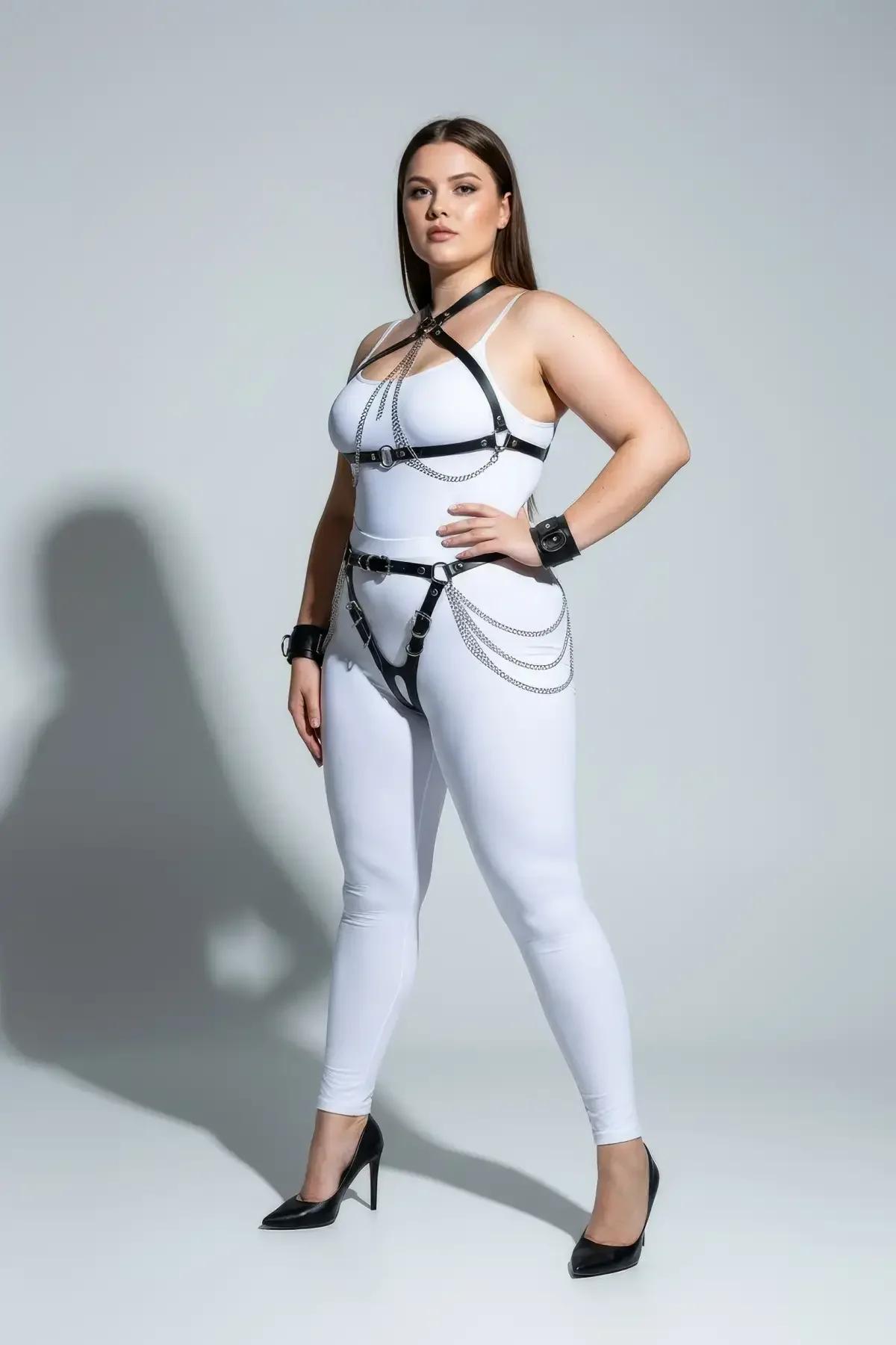 büyük beden jartiyer harness bel ve bacak strap gümüş zincir görünümü
