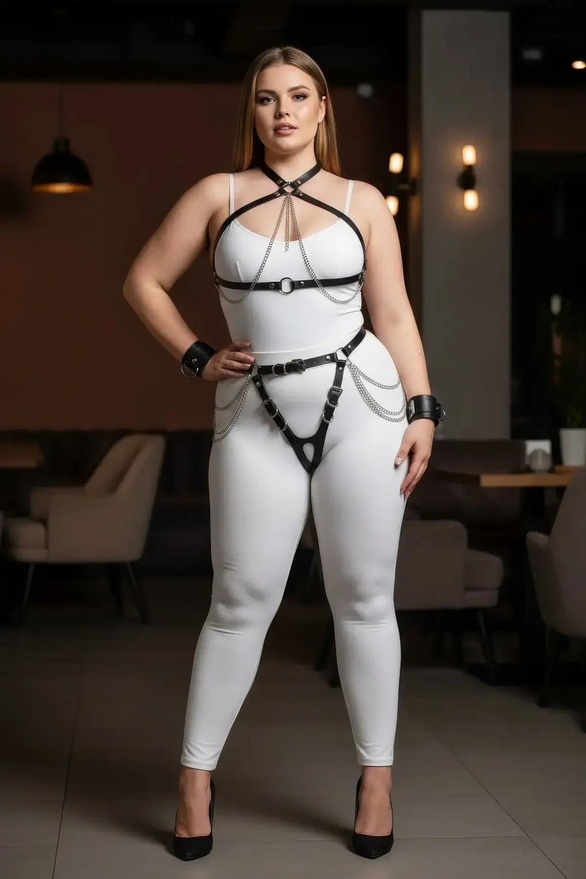 büyük beden harness takım tam görünüm yan açı siyah zincirli aksesuar