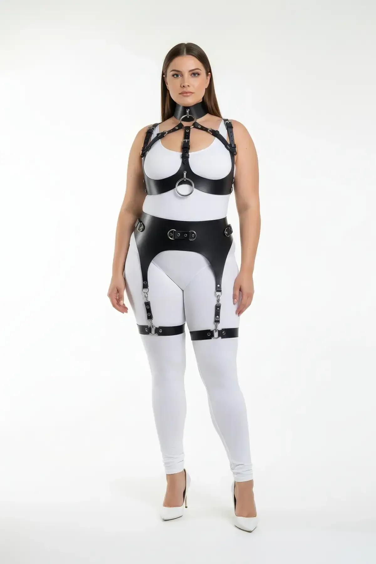 black vegan leather chest harness with 5 cm silver O-ring centrepiece and adjustable collar strap detail