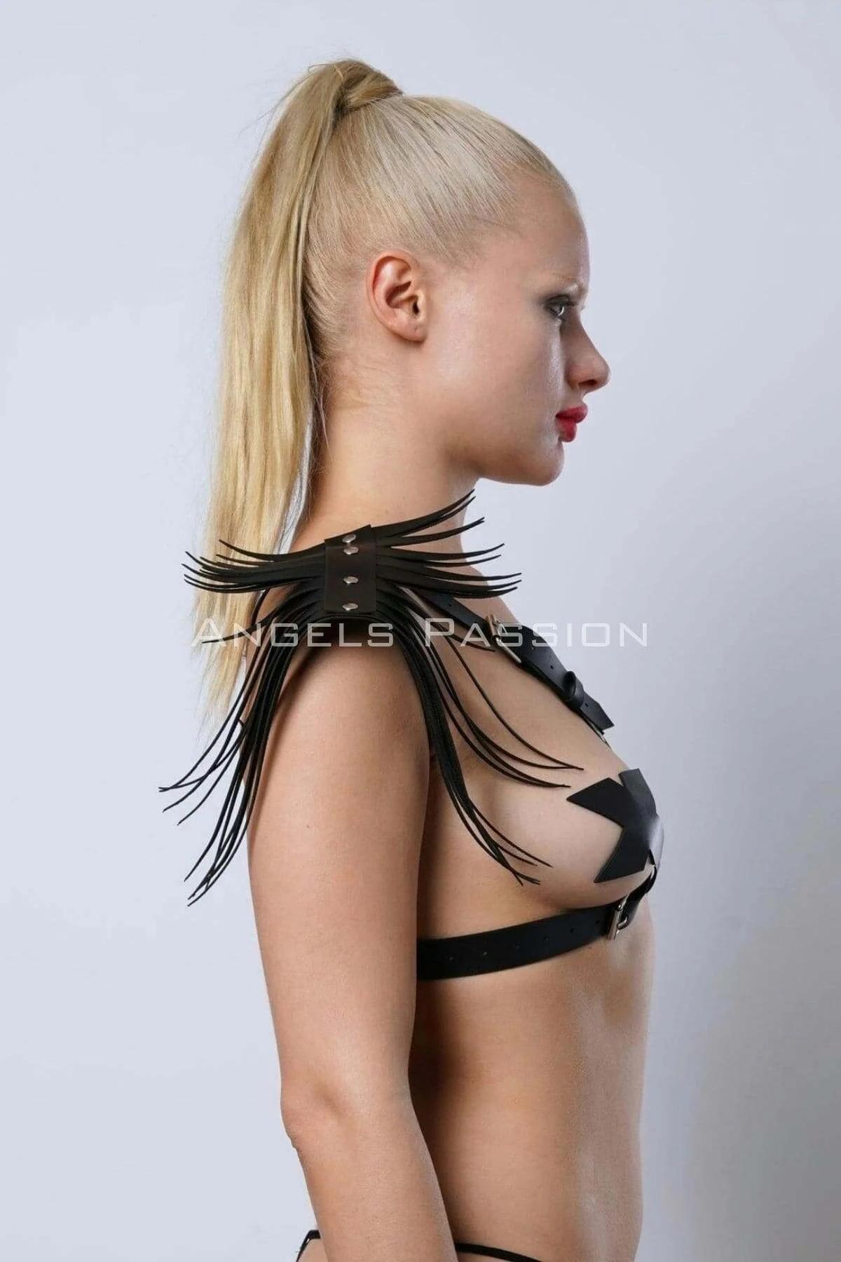 siyah krom perçinli omuz harness PU deri püskül uzunluğu 15 cm