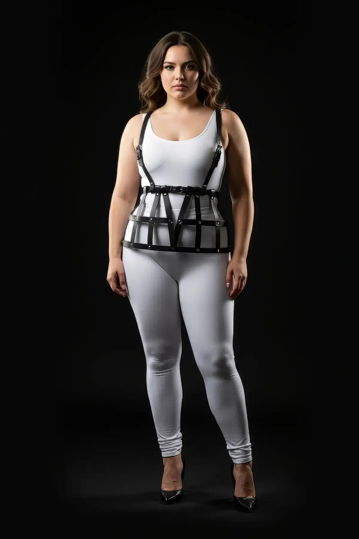 büyük beden kadın üzerinde siyah kafes harness, beyaz bodysuit ve tayt kombini