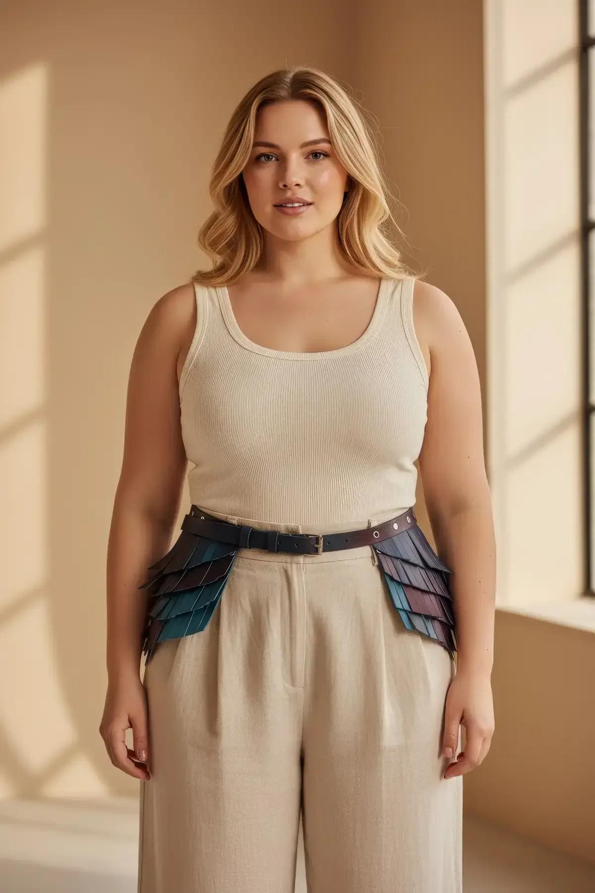 iridescent scale waist belt worn over cream camisole with wide-leg pleated trousers front view