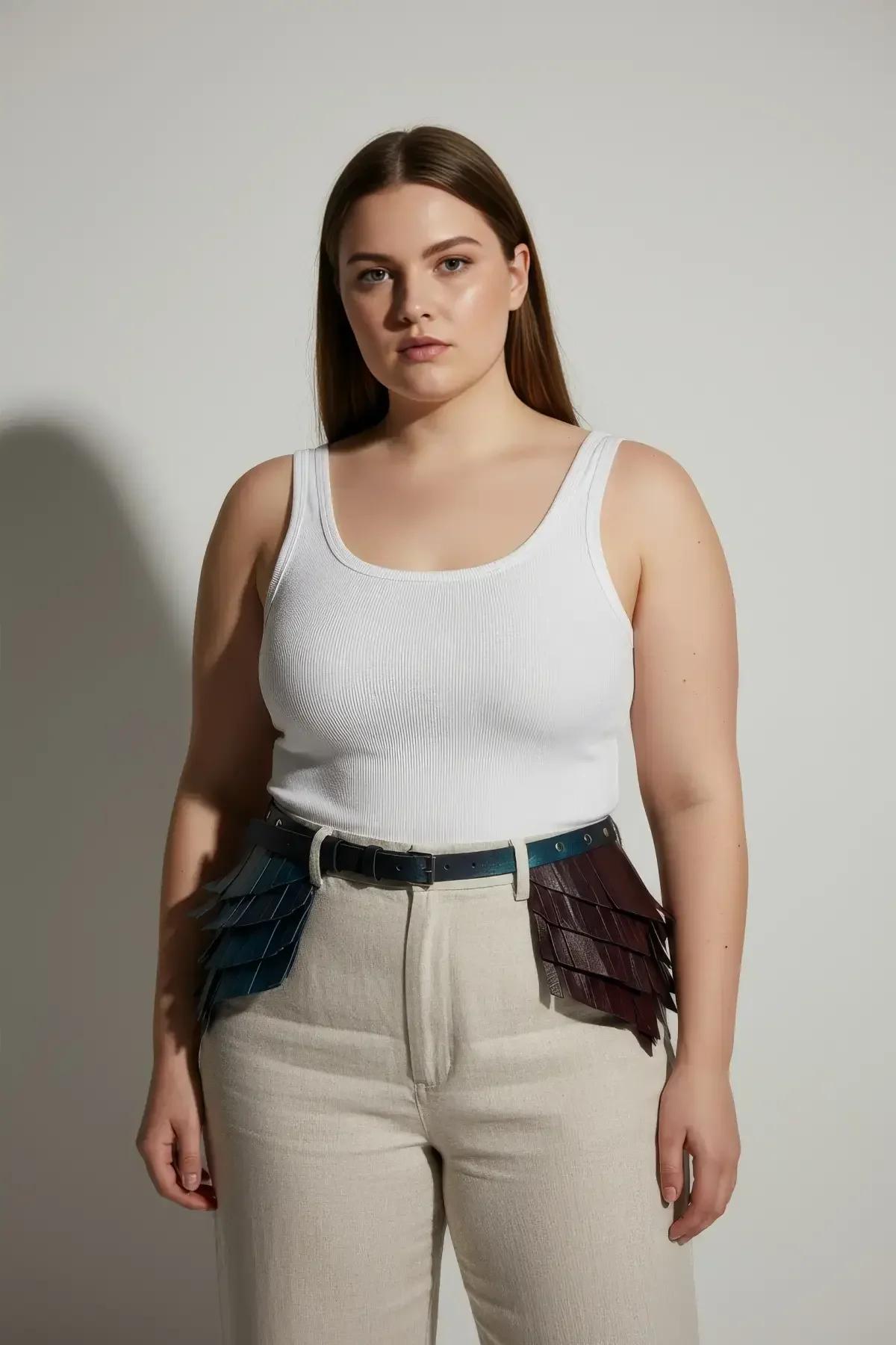 side view of iridescent scale waist harness belt showing scale panels fanning outward at hip