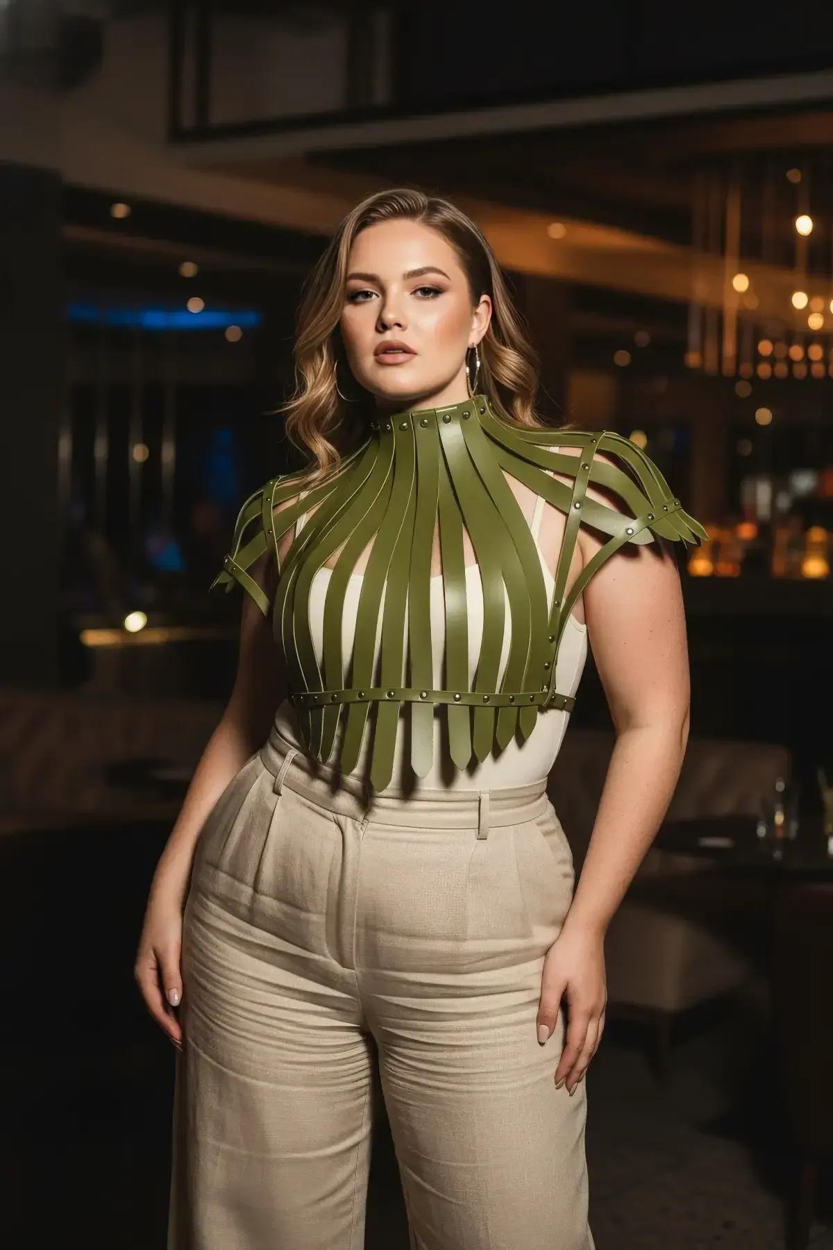plus size olive cage shrug harness layered over fitted white crop top street outfit
