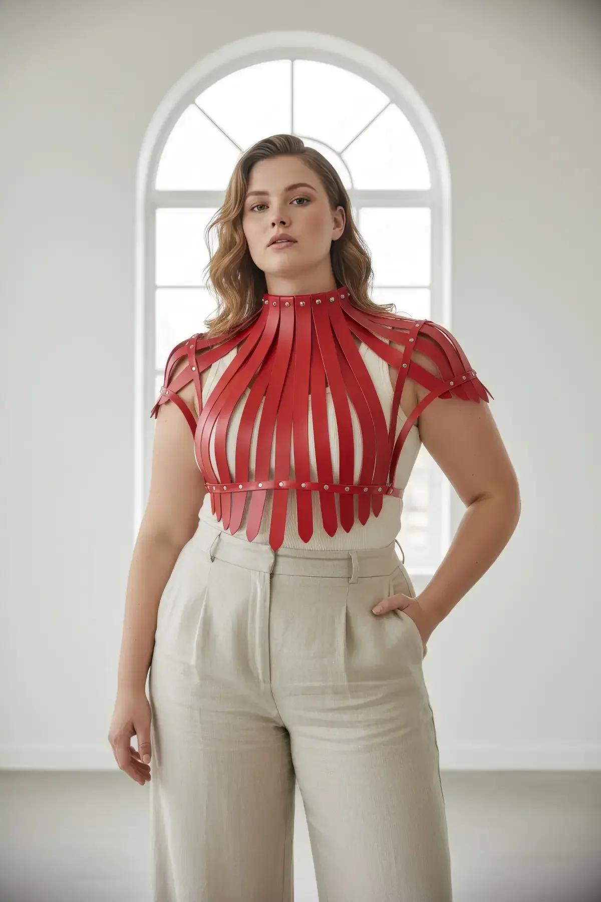 Red sculptural chest harness worn over cream bodysuit showing full torso fit and gold hardware detail