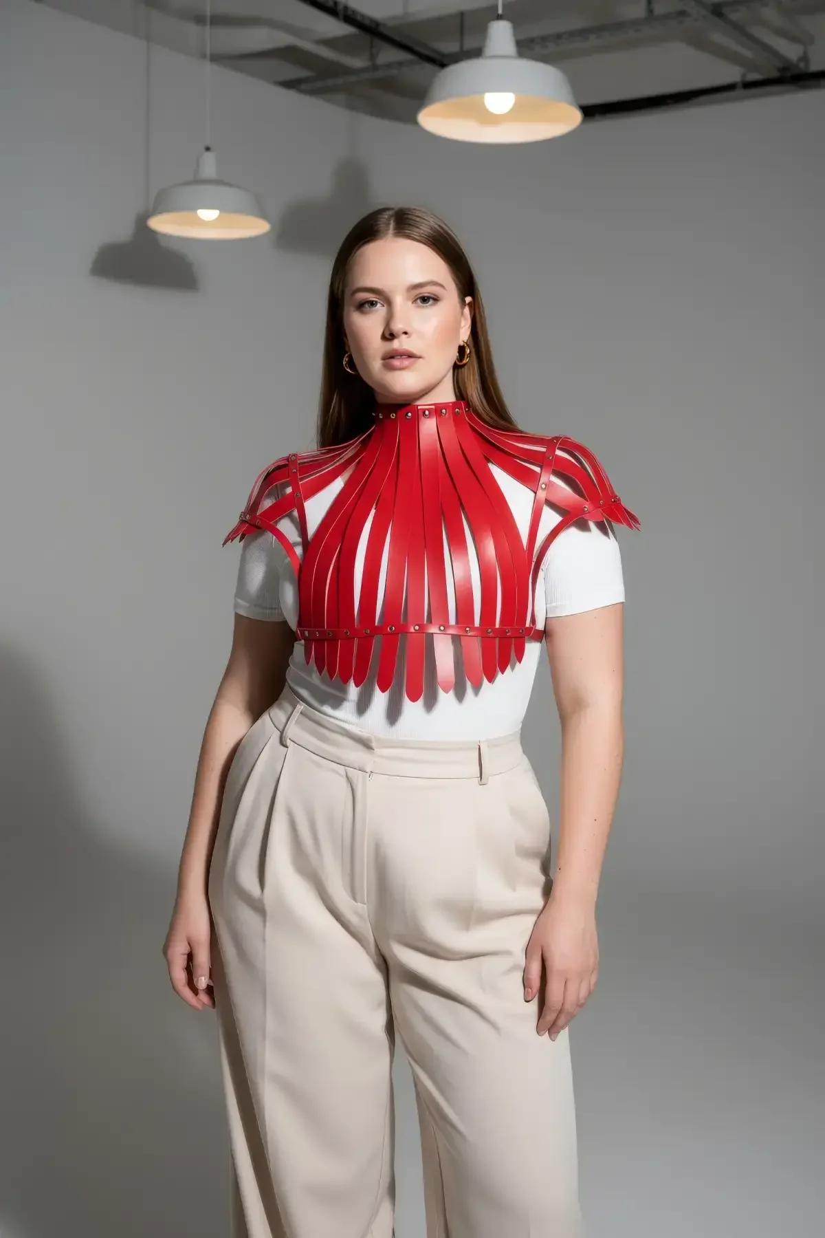 Back view of red sculptural harness showing adjustable rear buckle closure and strap configuration