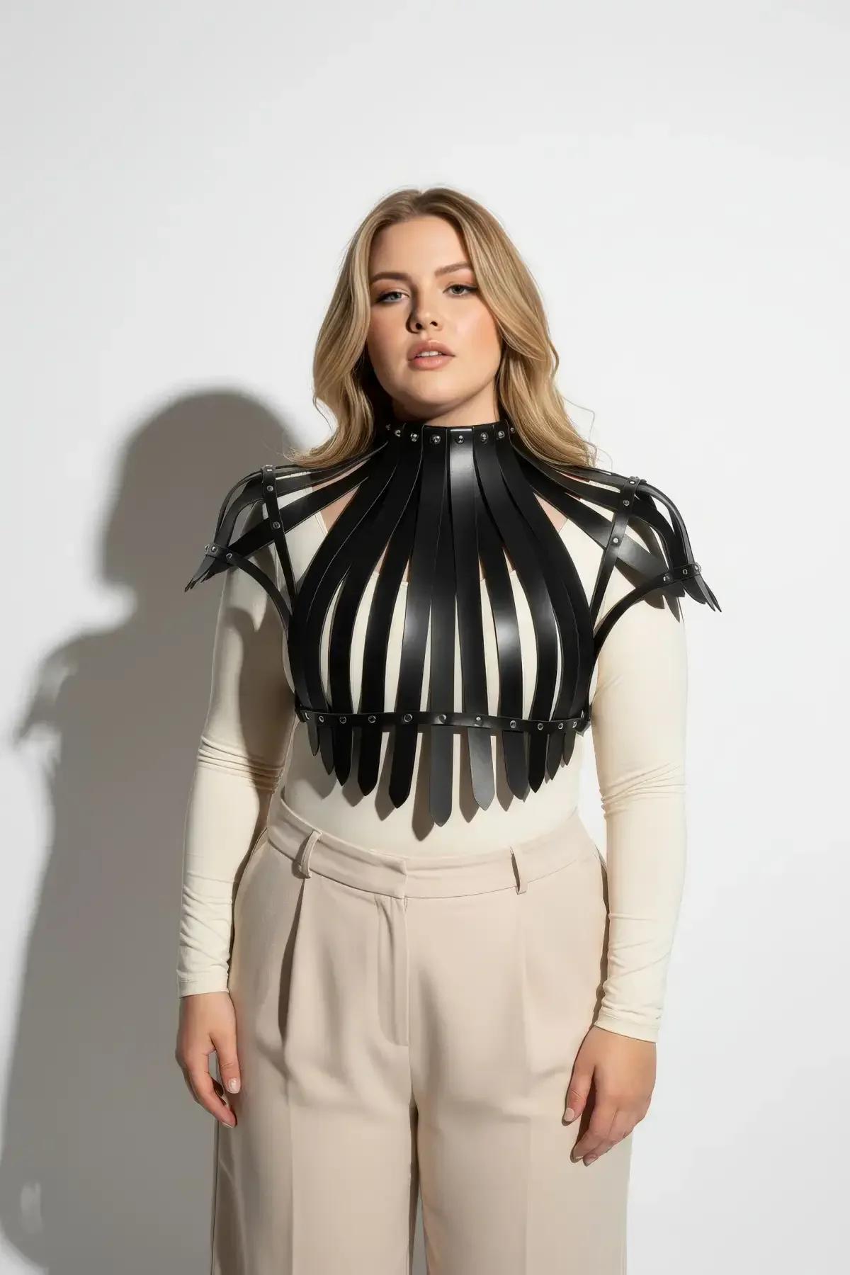 black faux leather cage harness cap-sleeve shoulder wing detail with silver studs
