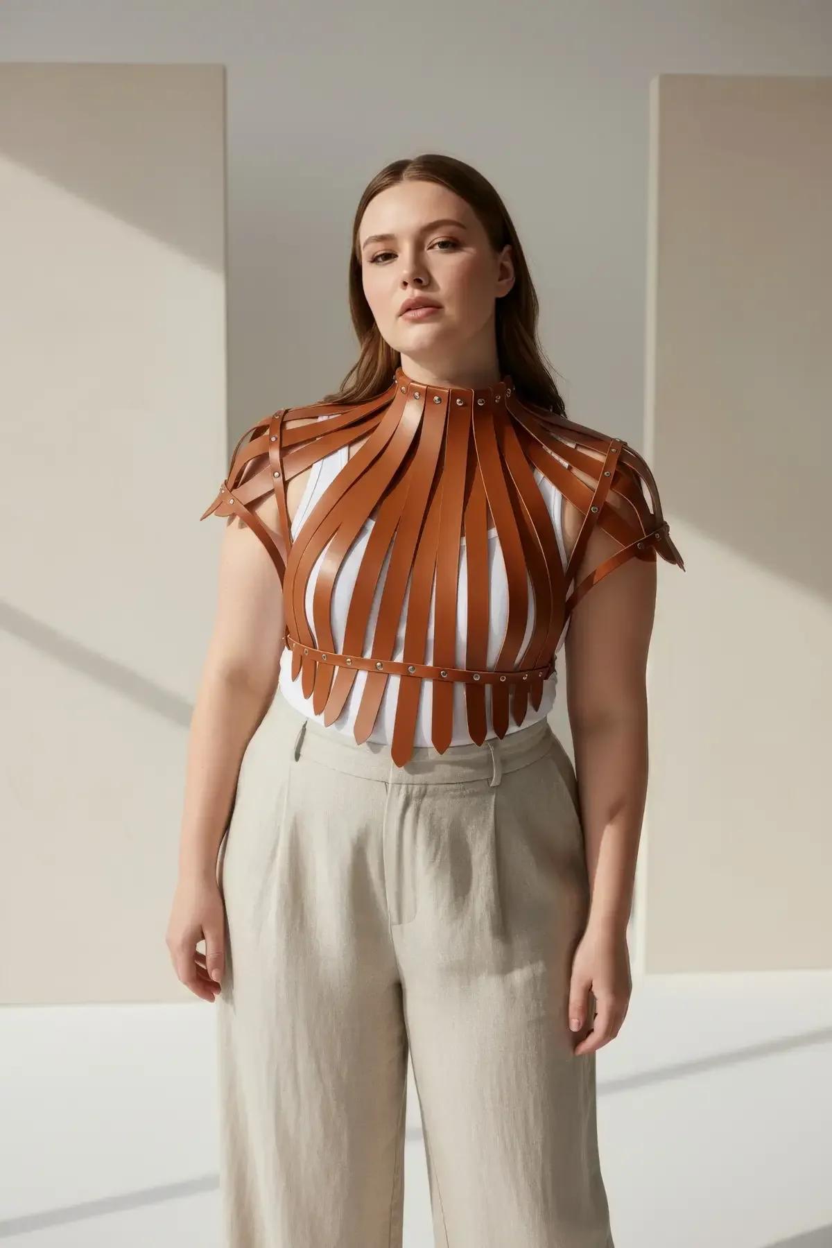 back view of tan studded high-neck harness top showing strap fan and horizontal waistband detail
