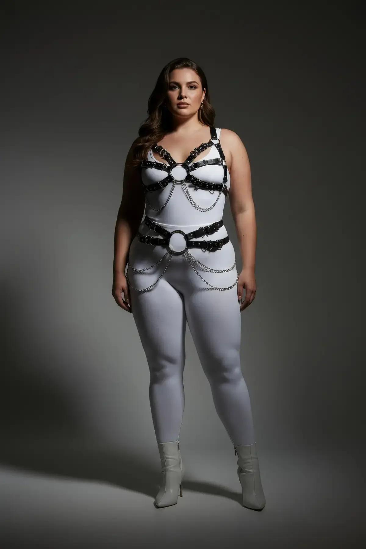 front view of full body harness showing six-strap torso cage and waist belt with chain accents