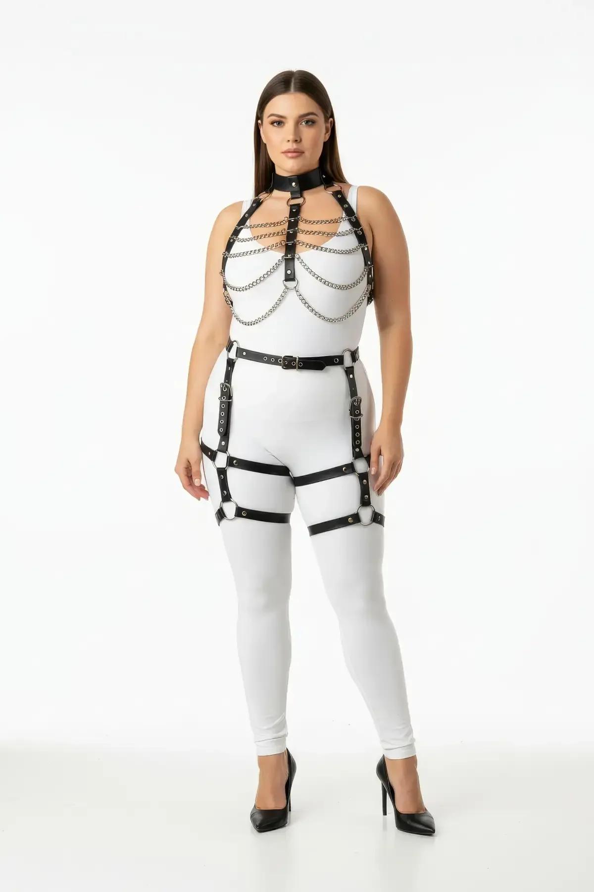 black faux leather cage chest harness with draped silver chains and choker neck strap front view