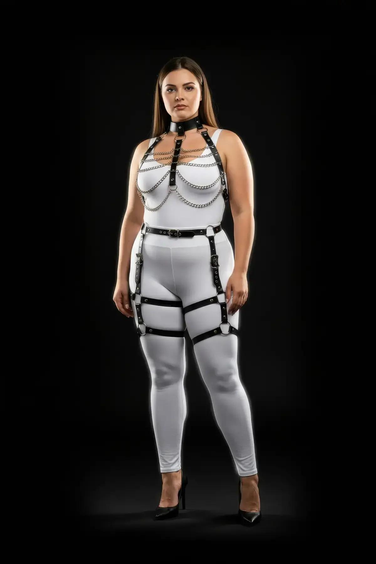 adjustable thigh garter straps with O-ring connectors on black faux leather body harness