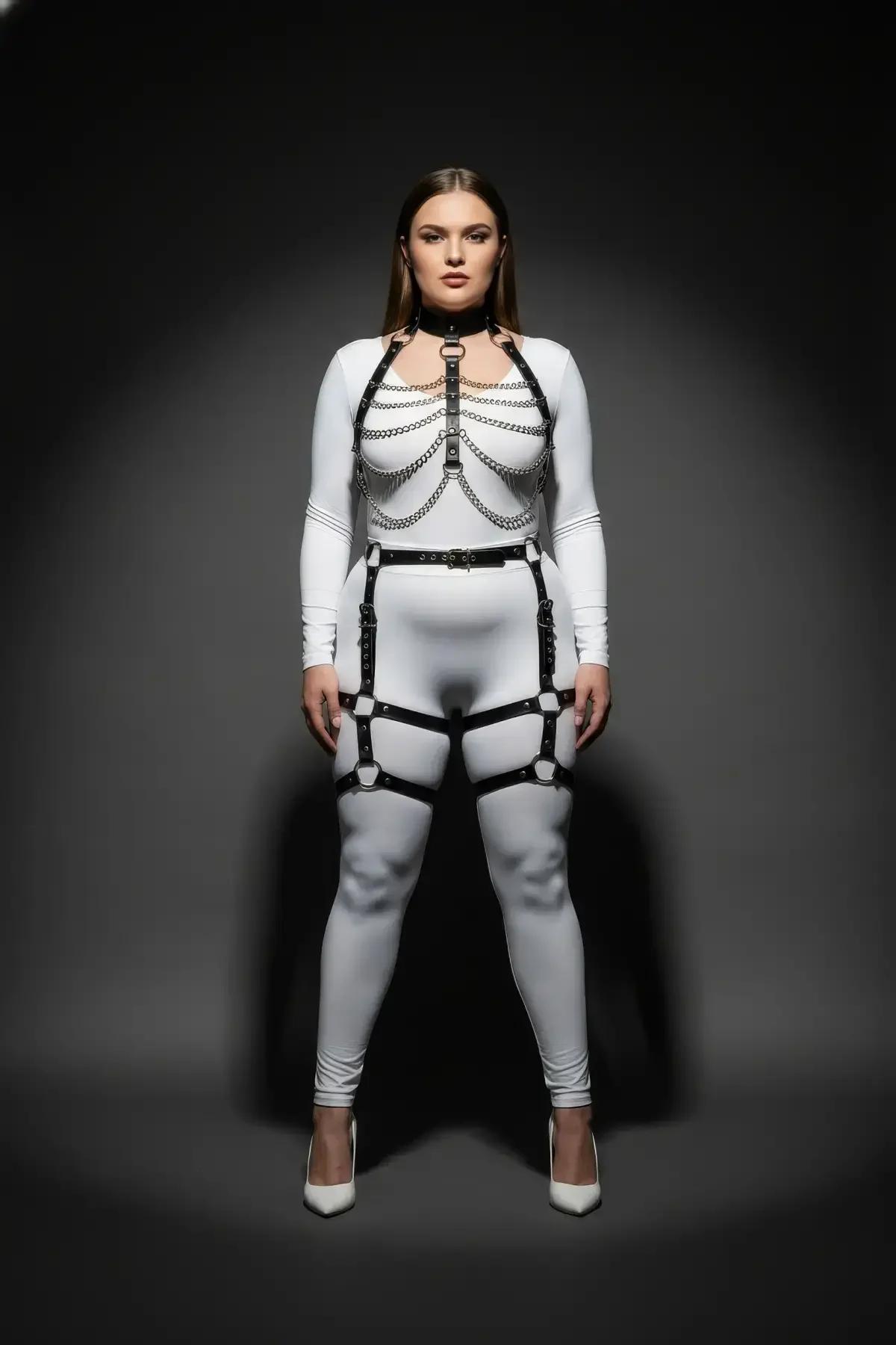 black harness waist belt with O-ring hardware connecting to dual leg garter straps
