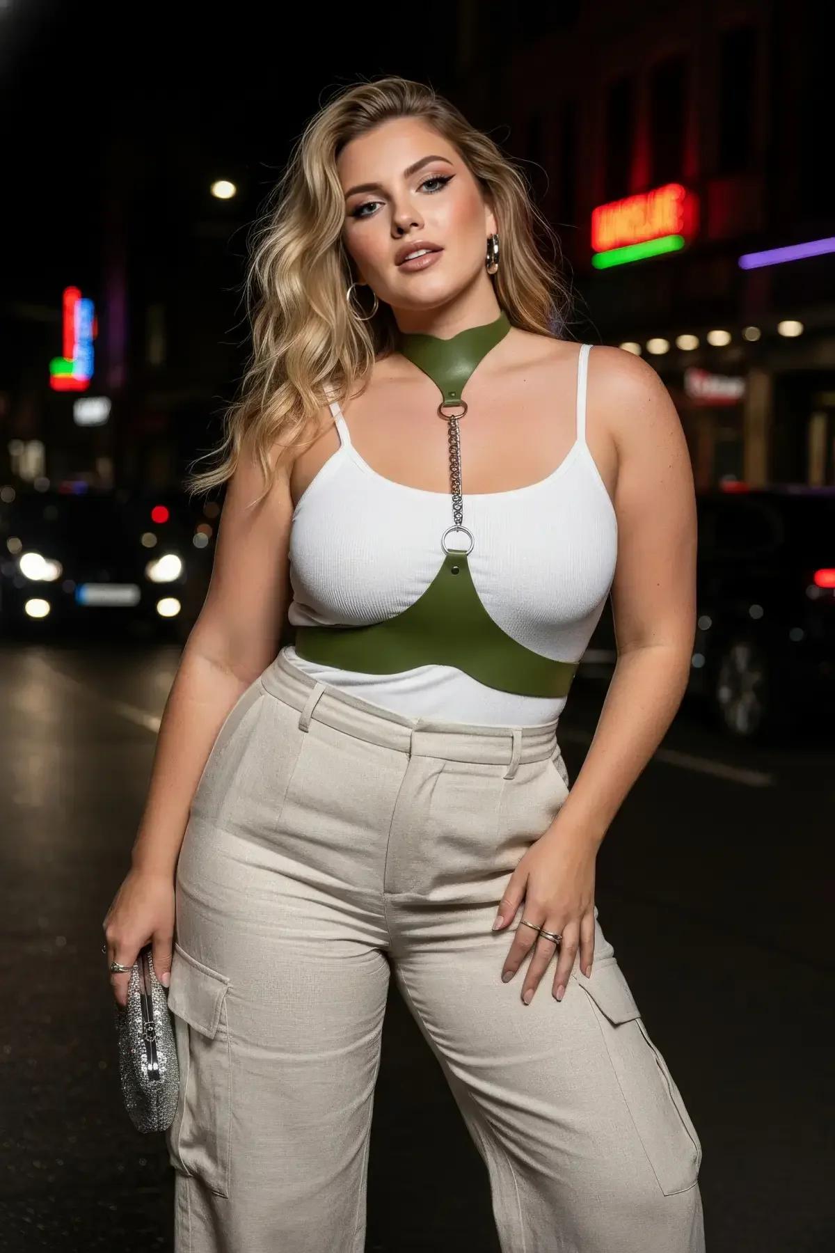 Olive green faux leather harness adjustable pin buckle detail on choker strap