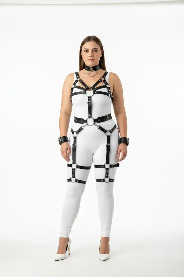 siyah vegan deri full body harness takım büyük beden gümüş O-halka ve metal toka beş parça