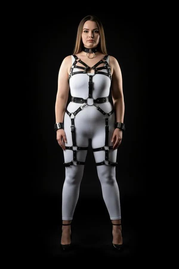 siyah vegan deri full body harness takım büyük beden gümüş O-halka ve metal toka beş parça
