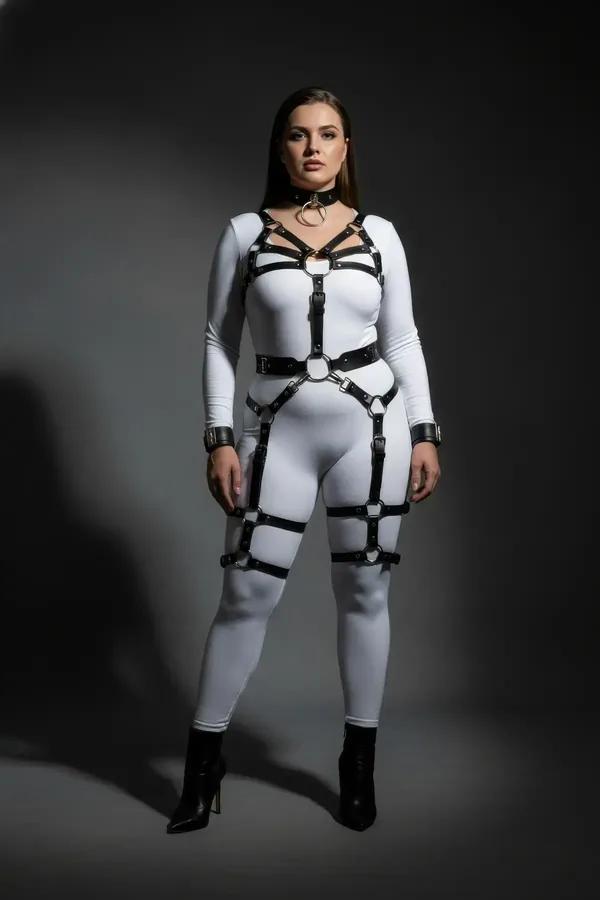 siyah vegan deri full body harness takım büyük beden gümüş O-halka ve metal toka beş parça