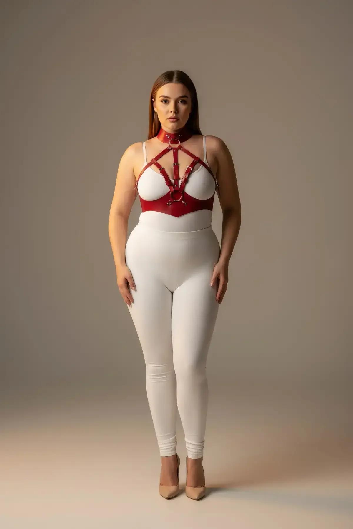 Red PU strappy harness bra with integrated choker collar front view showing diagonal cross-strap detail