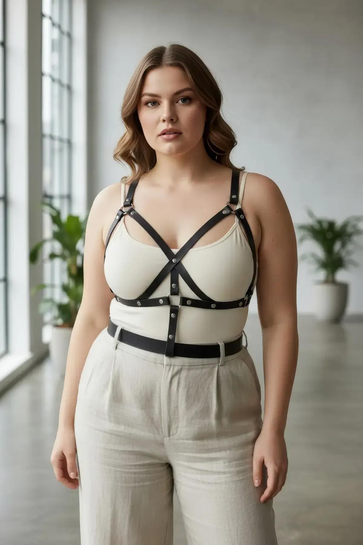 back view of black x-strap chest harness showing metal buckle closure on underbust band