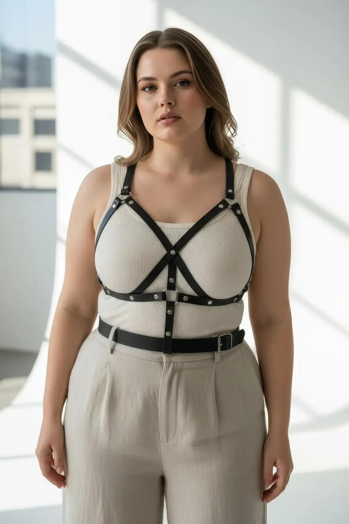 side angle of black x-strap harness bra with silver stud accents layered over white fitted top