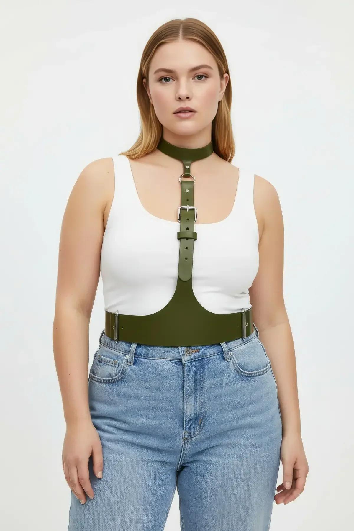back view of khaki vegan leather underbust harness belt showing adjustable connecting strap