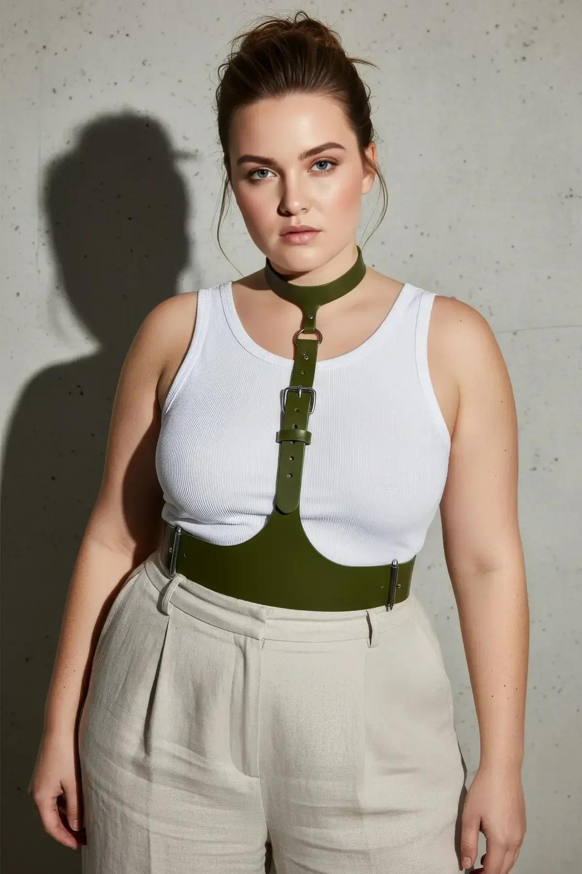 plus-size model wearing khaki faux leather underbust harness over cream camisole with wide-leg trousers