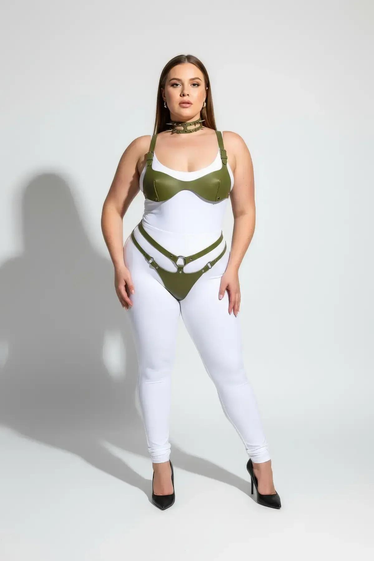 Olive vegan leather structured bra harness with gold buckle shoulder straps front view