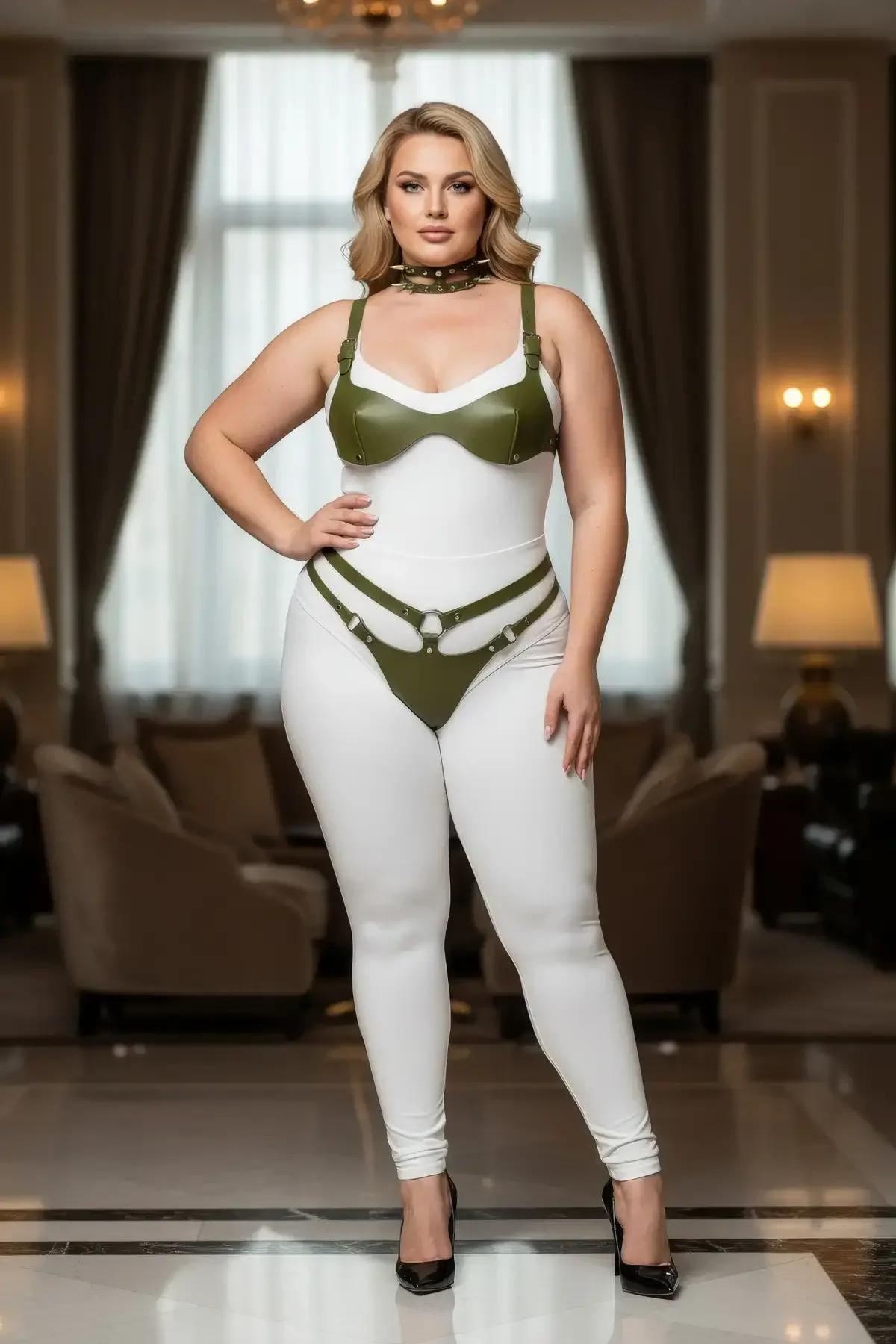 Matching olive vegan leather choker and waist garter belt with gold hardware detail