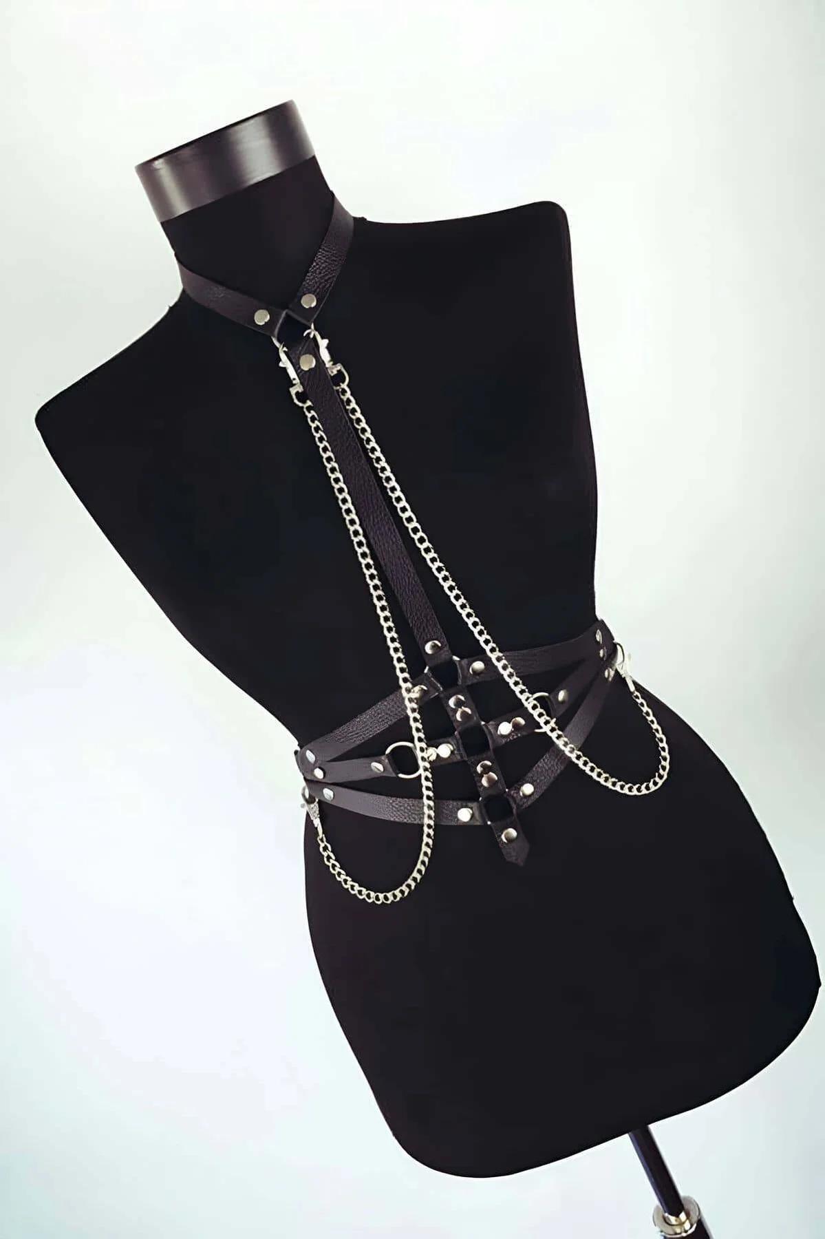 silver chain double drape from chest harness to side O-rings at waist, front view on mannequin