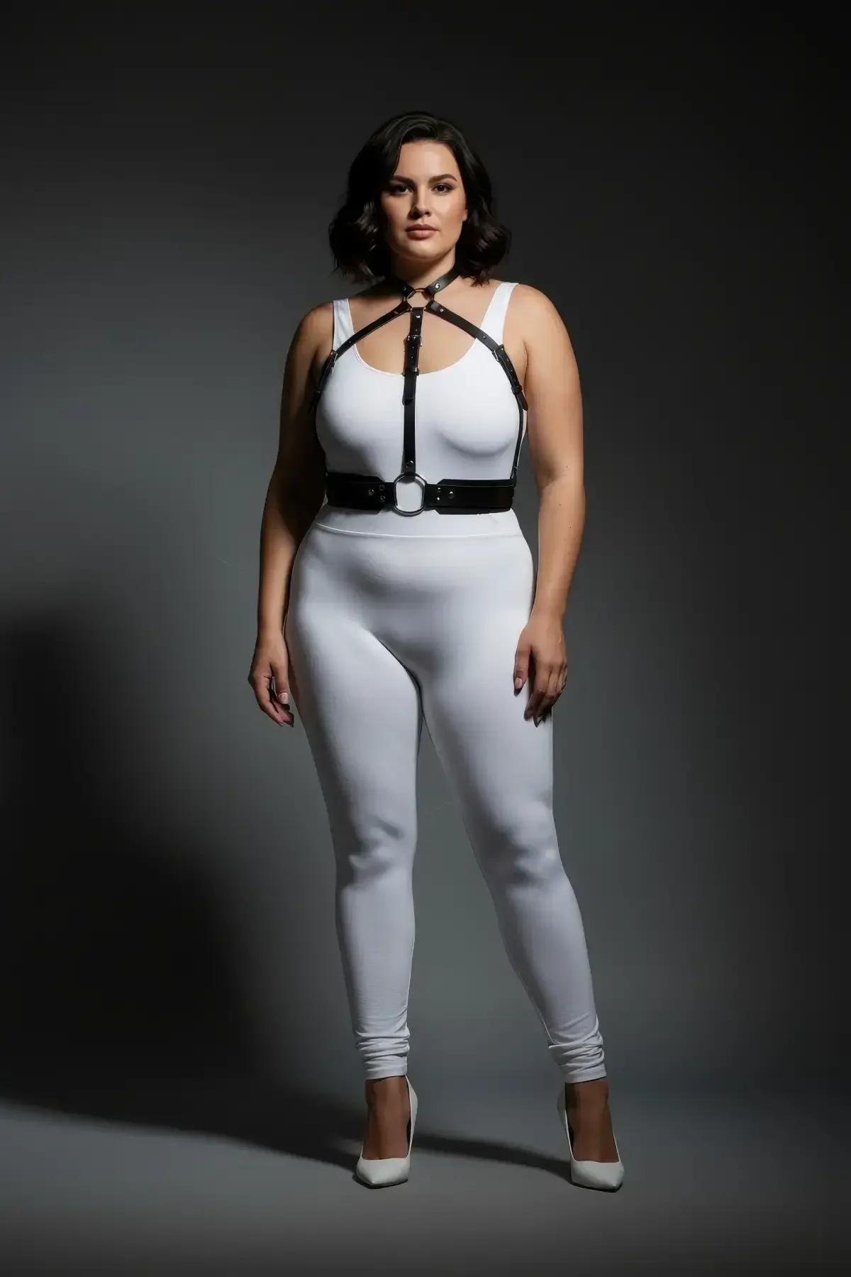 adjustable strappy harness chest piece with neck strap buckle detail and silver hardware close-up