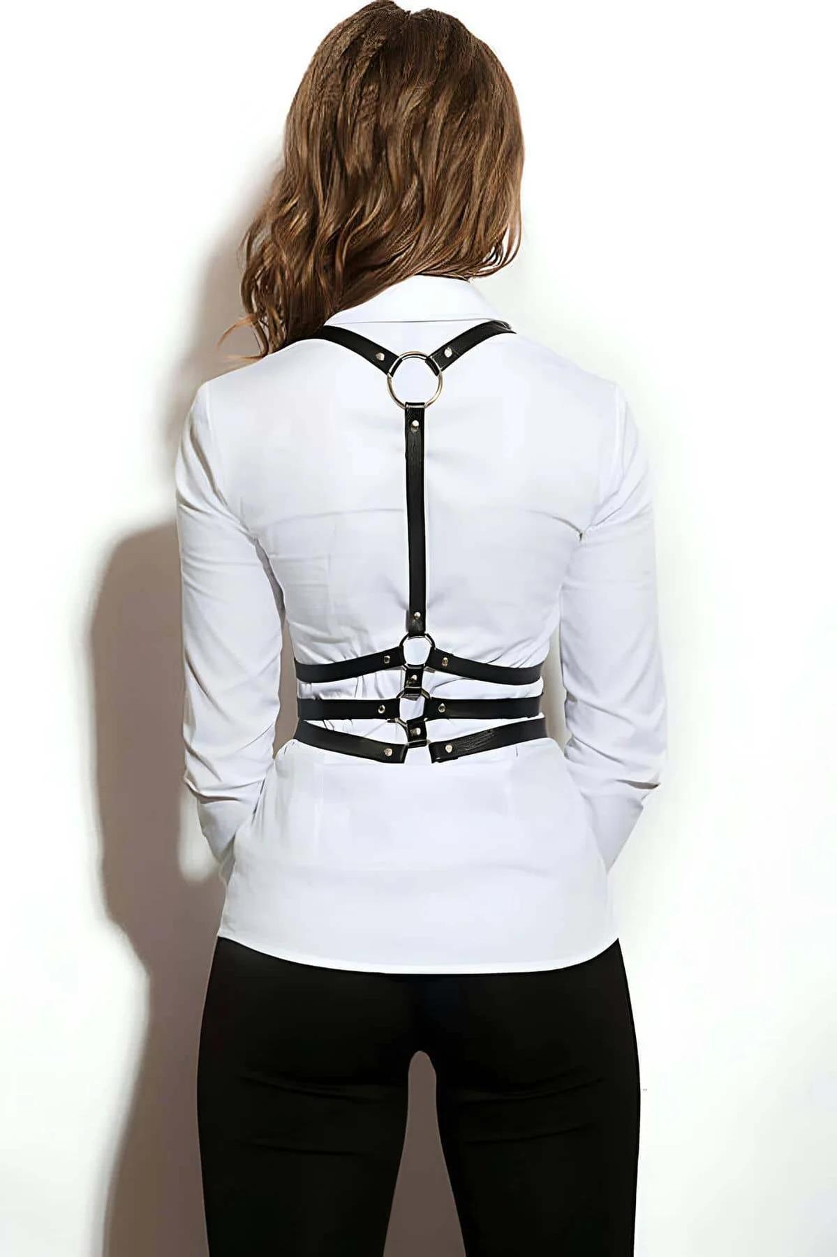 siyah vegan deri harness üç yatay bant önden görünüm antik altın metal toka