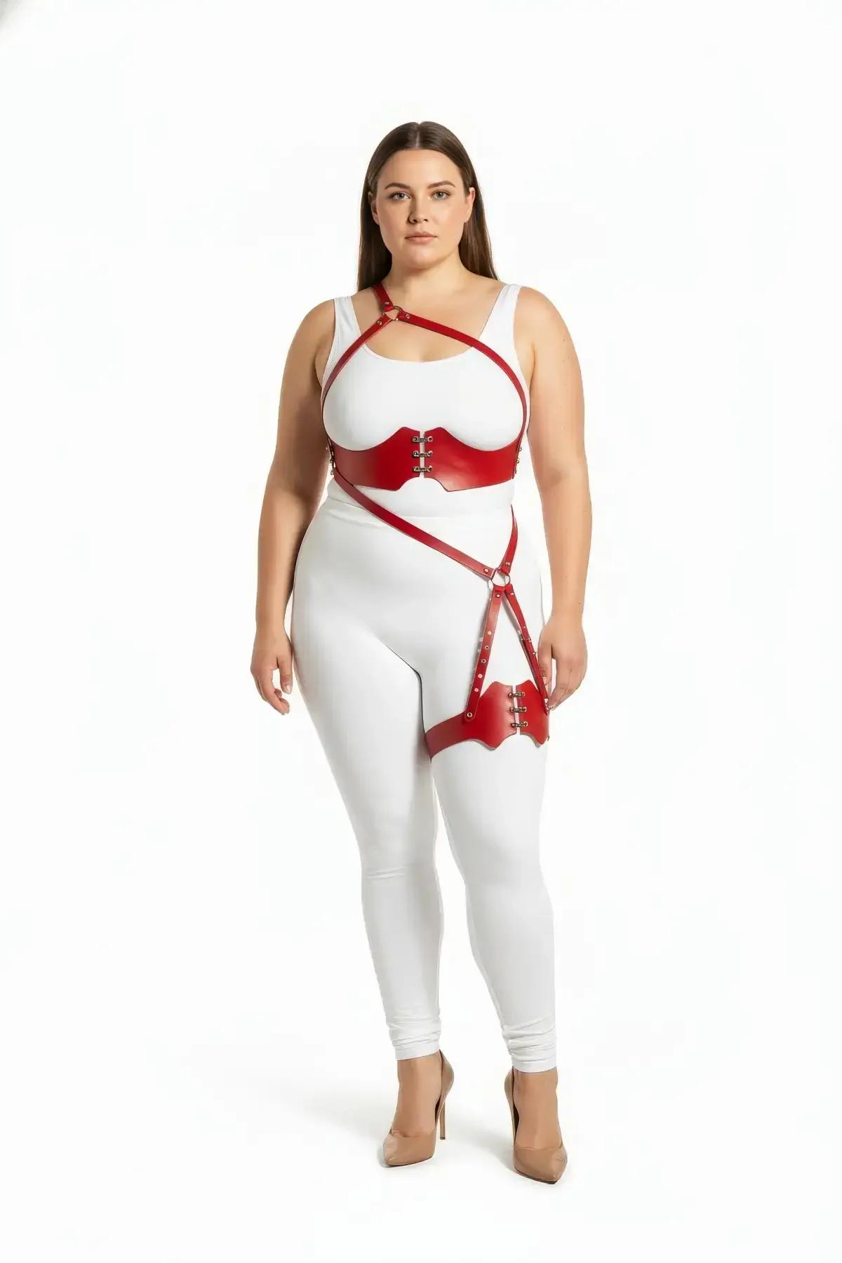 red PU leather underbust band with three silver O-ring front closures, close-up detail view