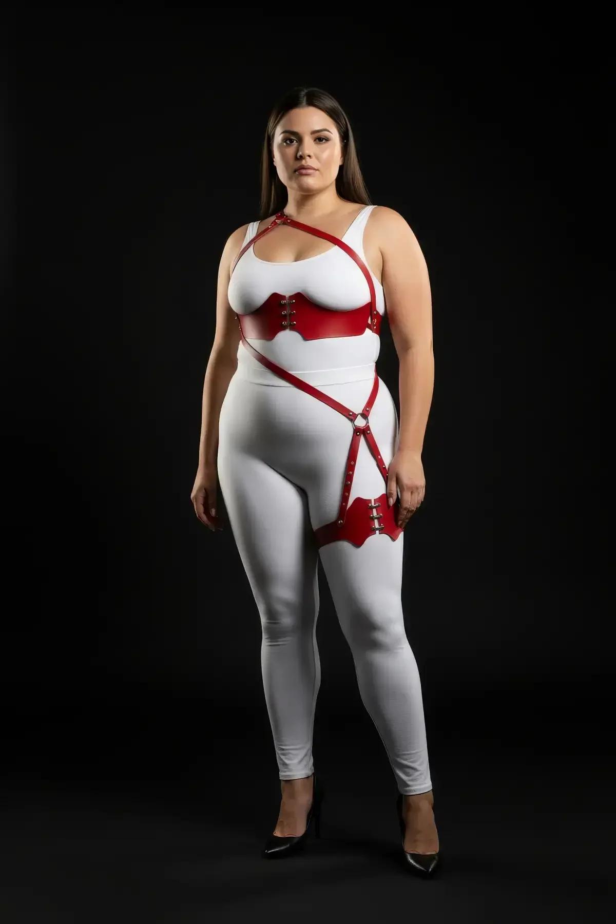 diagonal red faux leather waist-to-thigh strap with silver O-ring connector at hip junction