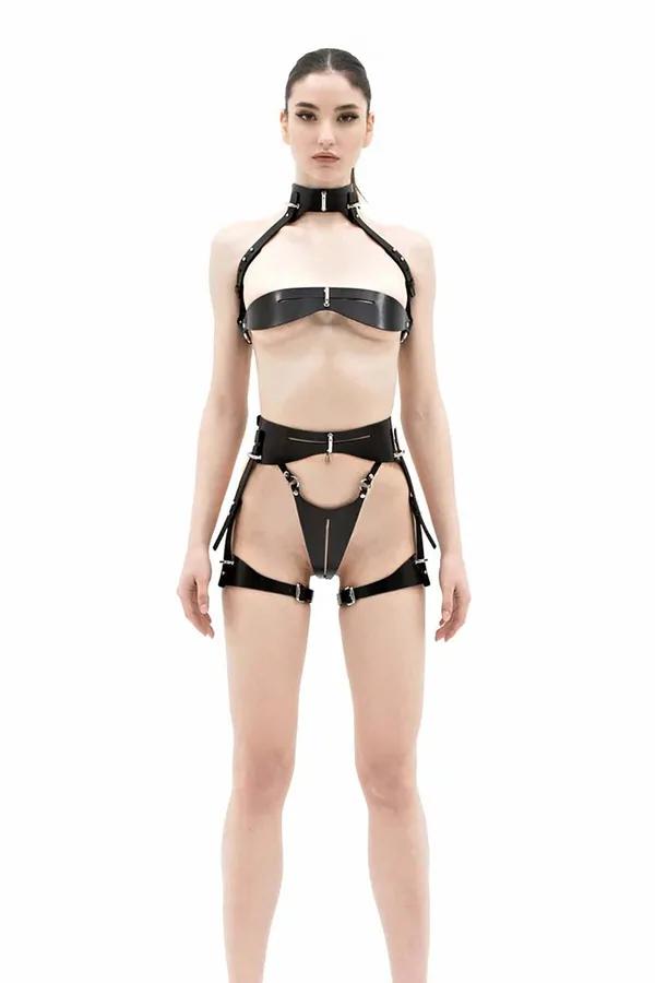 siyah vegan deri harness takım choker yaka sütyen bandı bacak askısı gümüş metal toka