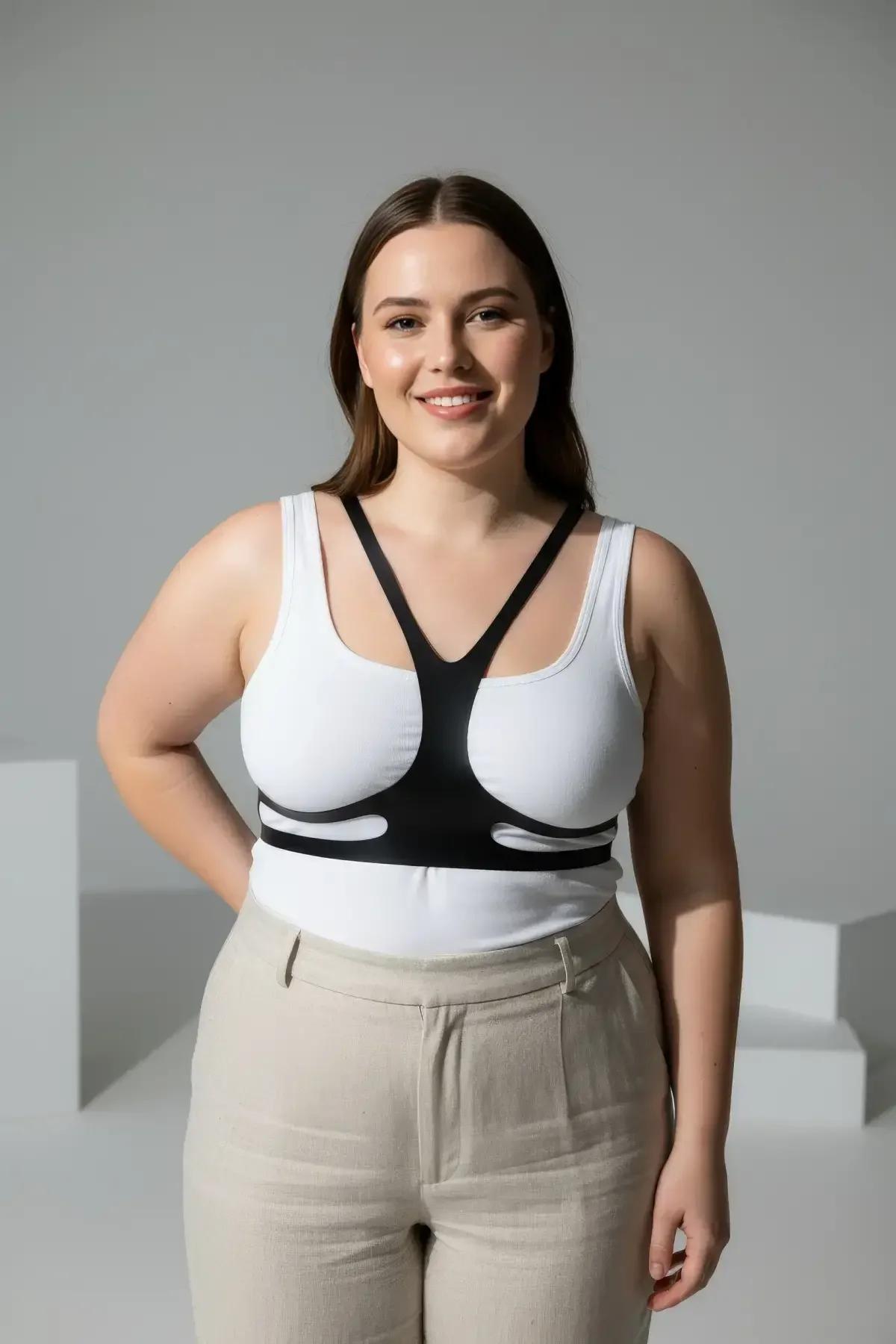 matte black chest harness with dual underbust bands layered over fitted white top