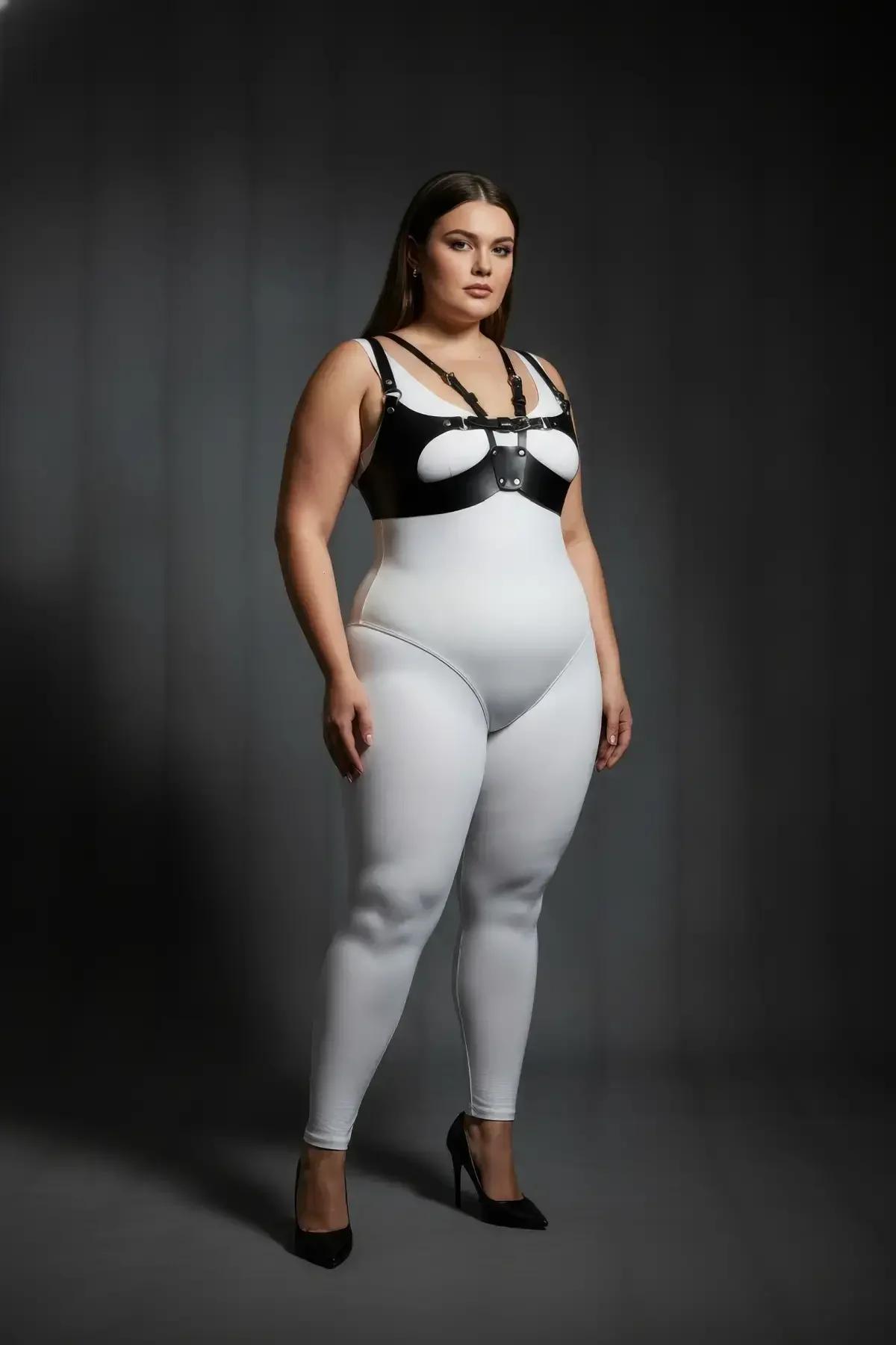 black vegan leather harness bra layered over white bodysuit showing contrast styling and double shoulder straps