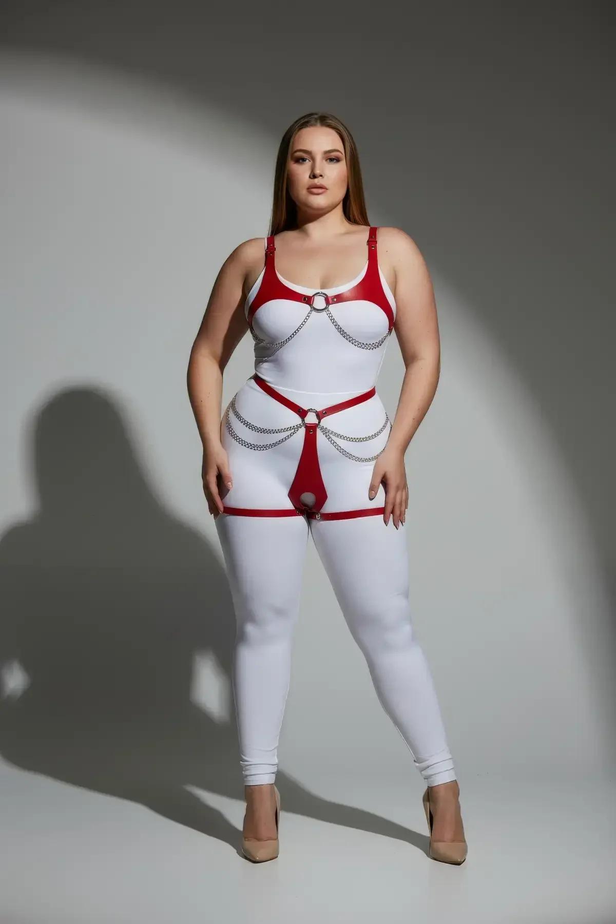 red vegan leather chest harness band with silver O-ring and double-loop chain drape, close-up front detail