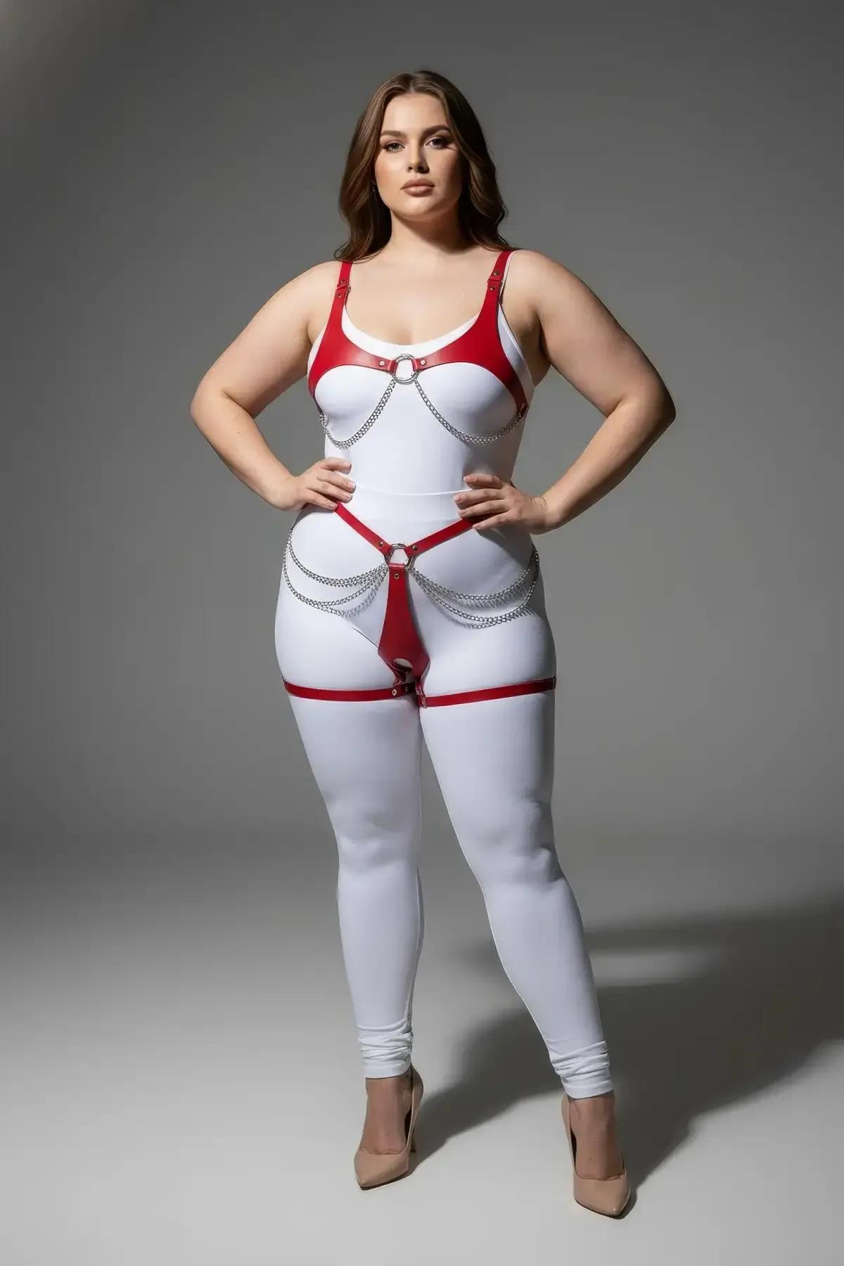red faux leather waist and hip harness bands with silver chain tier and O-ring center, mid-body detail