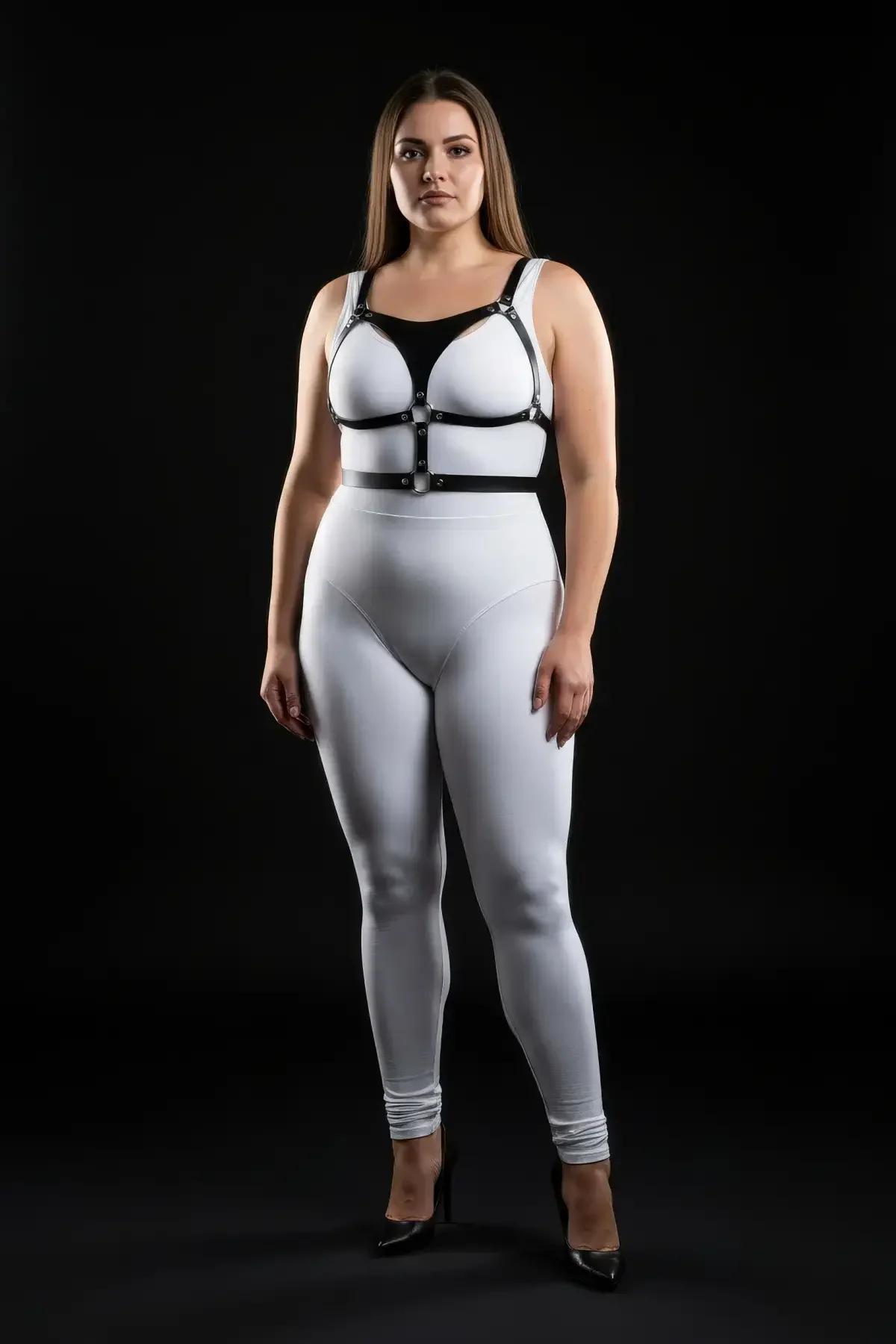 plus size black strappy harness showing wide shoulder straps and silver O-ring connectors at intersections