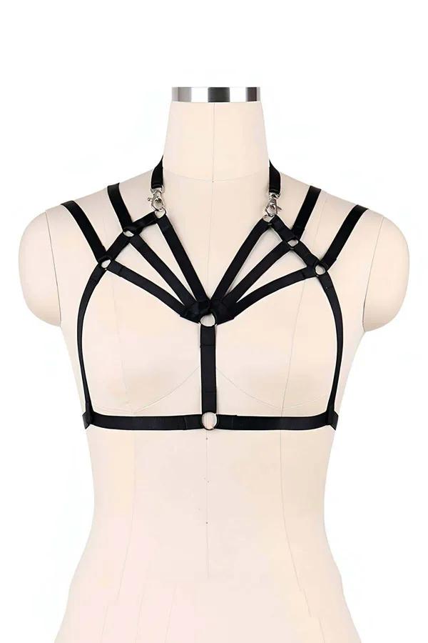 siyah bralet kesim göğüs harness paralel elastik bantlar ve merkezi O-ring dekolte kafes tasarım