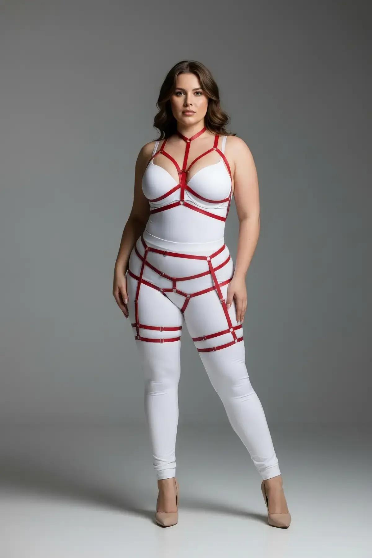 Red PU strap chest cage harness with choker collar and underbust band, front detail view